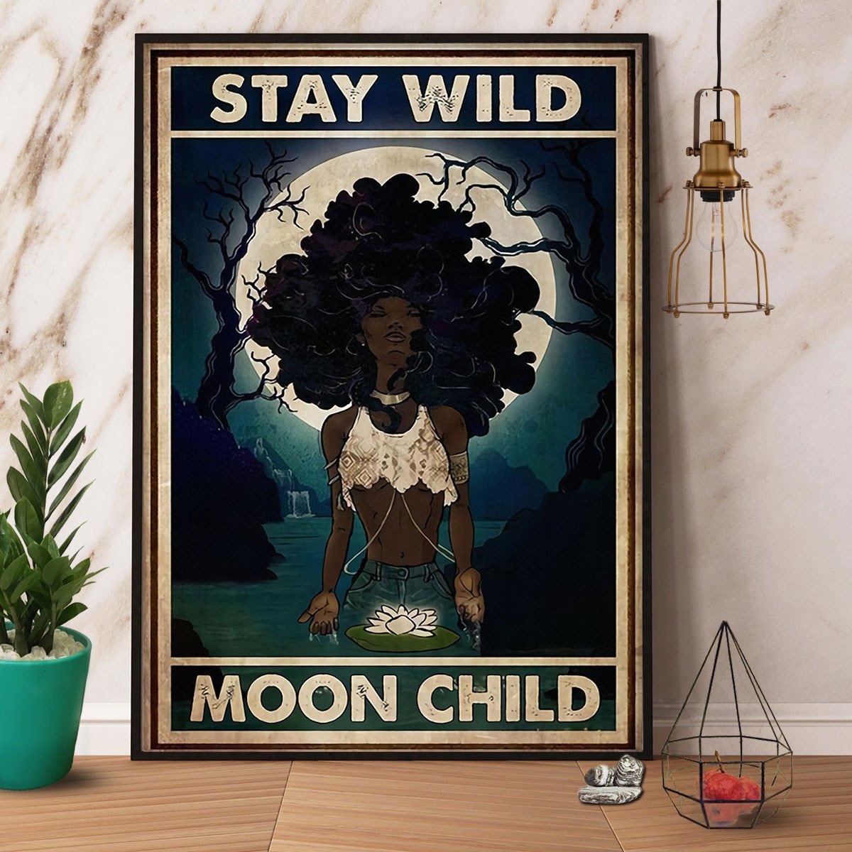 Black Girl & Moon Stay Wild Moon Child Satin Poster Portrait No Frame