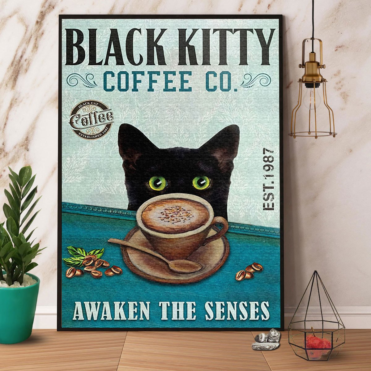 Black Kitty Coffee Company Awaken The Senses Satin Poster Portrait No Frame