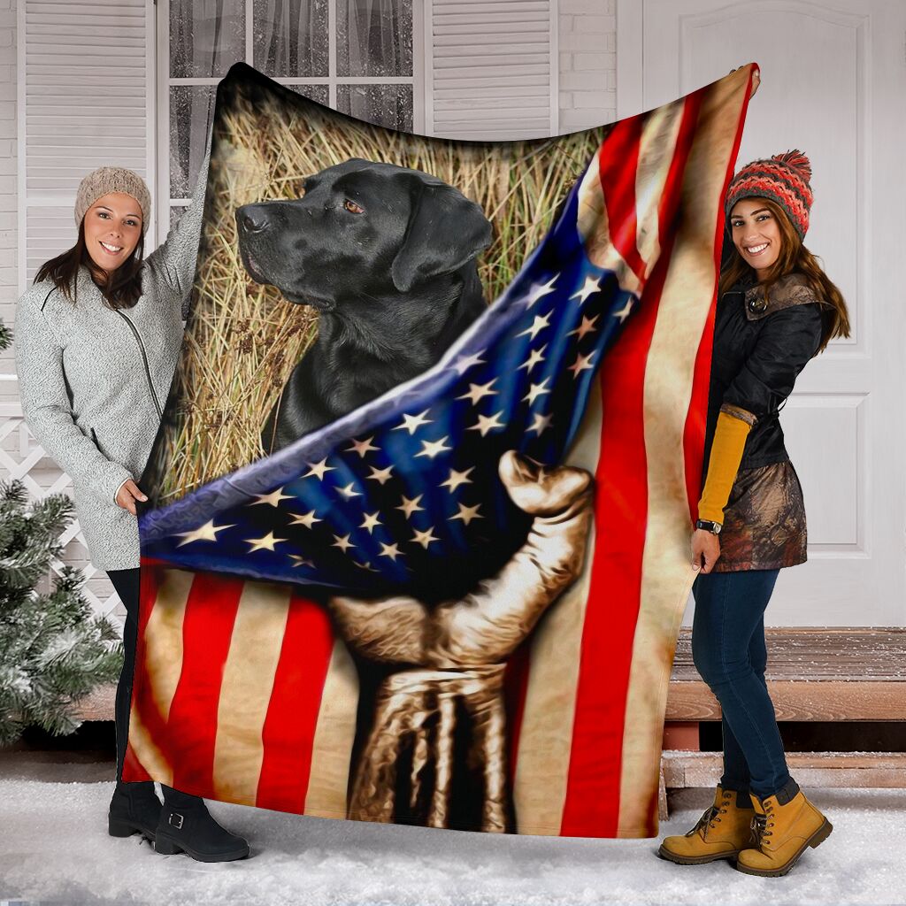 Black Labrador Premium Blanket Behind The Flag Fleece Blanket