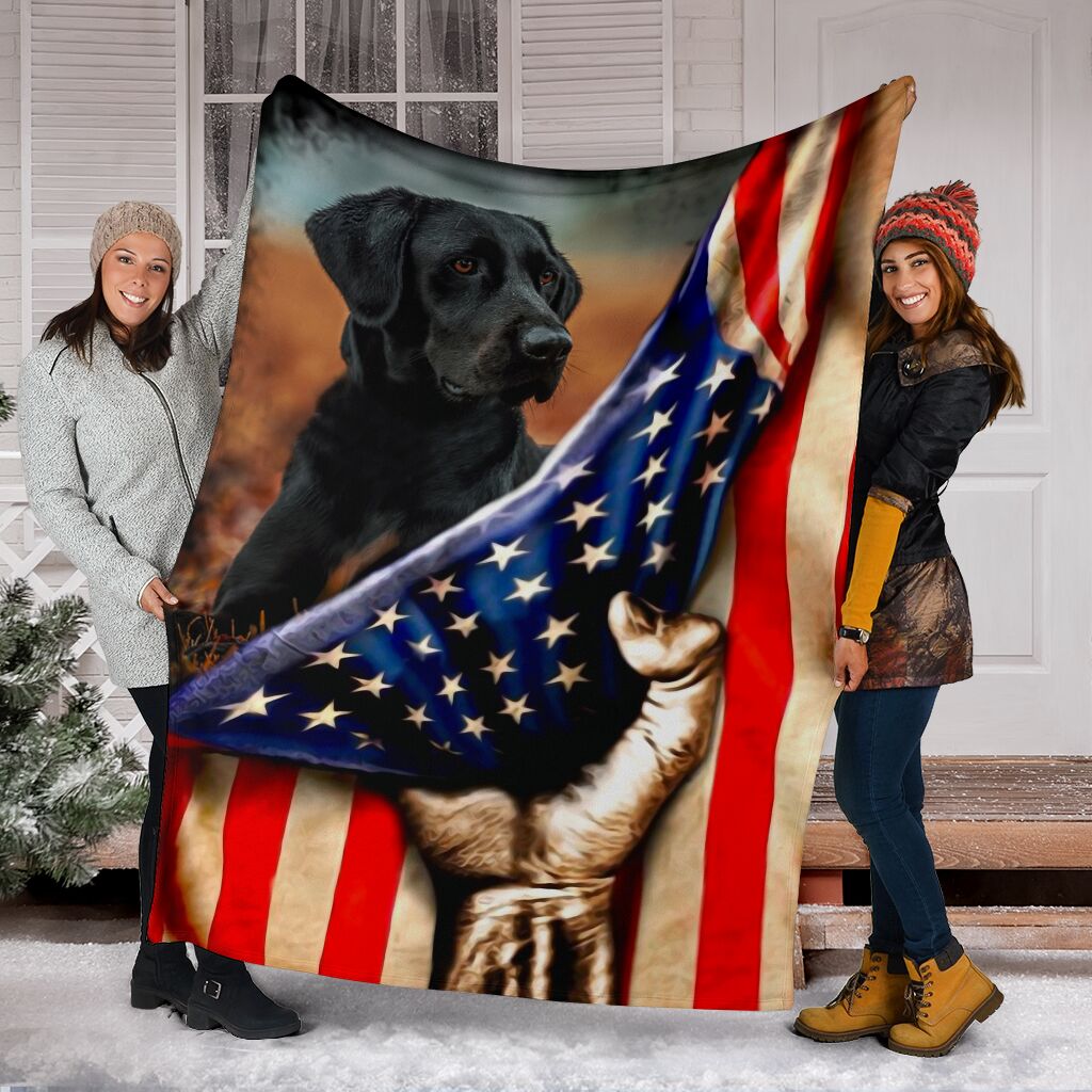 Black Labrador Premium Blanket Behind The Flag Fleece Blanket