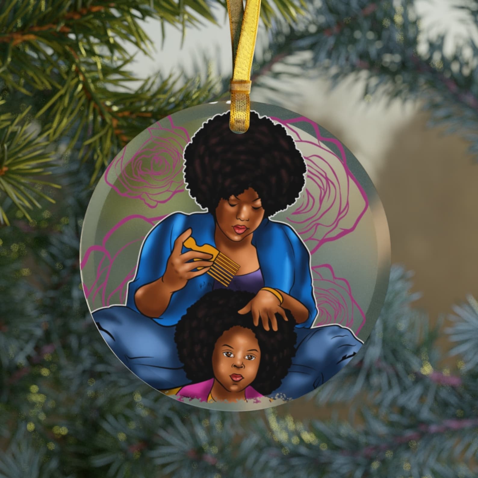 Black Mother And Daughter Glassblack Girl Afro Womanblack Family Giftsblack Motherblack Daughter Christmas Ornament