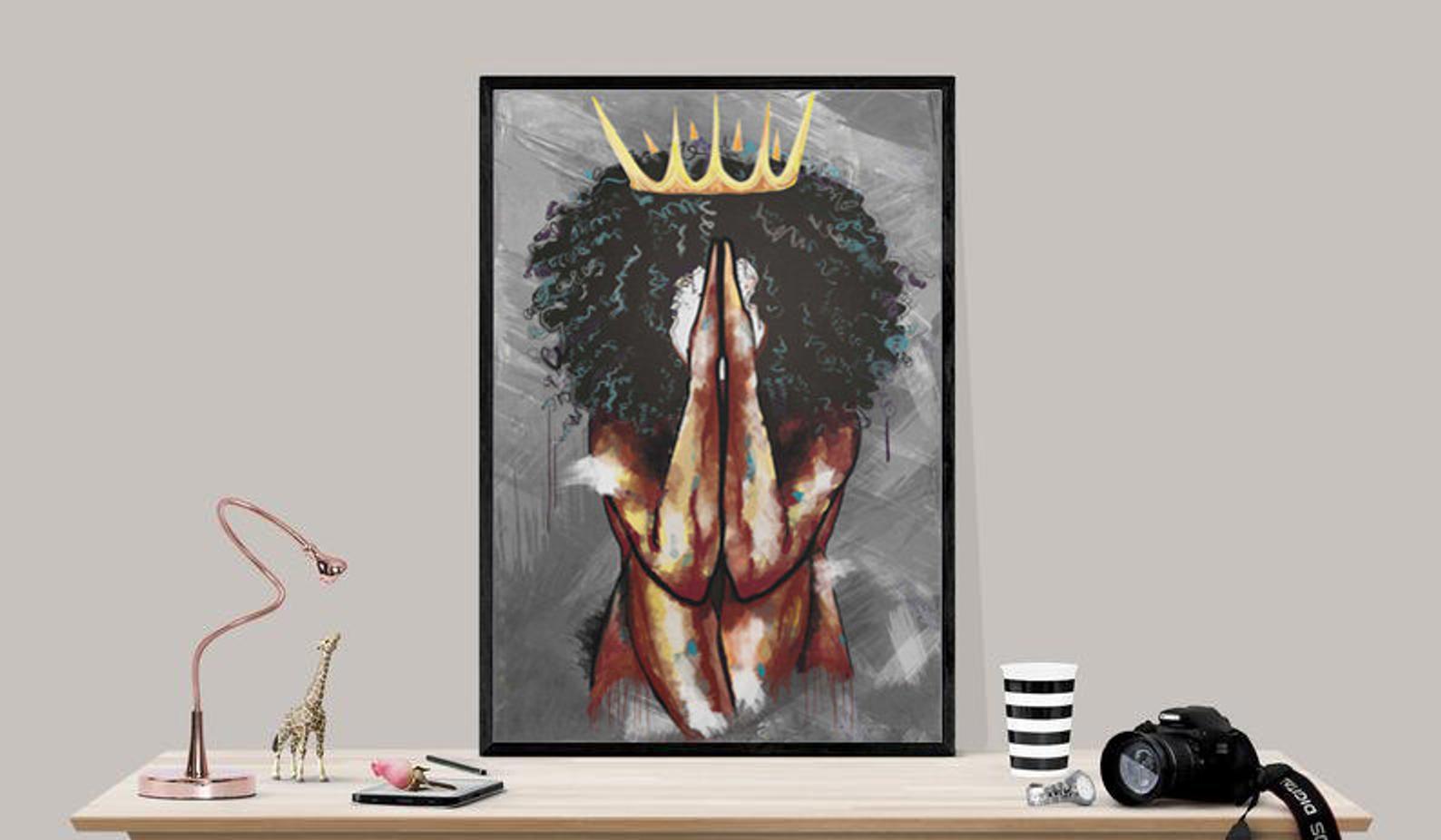 Black Queen Praying Gift For family Gift for friends Vintage Satin Poster Portrait no Frame