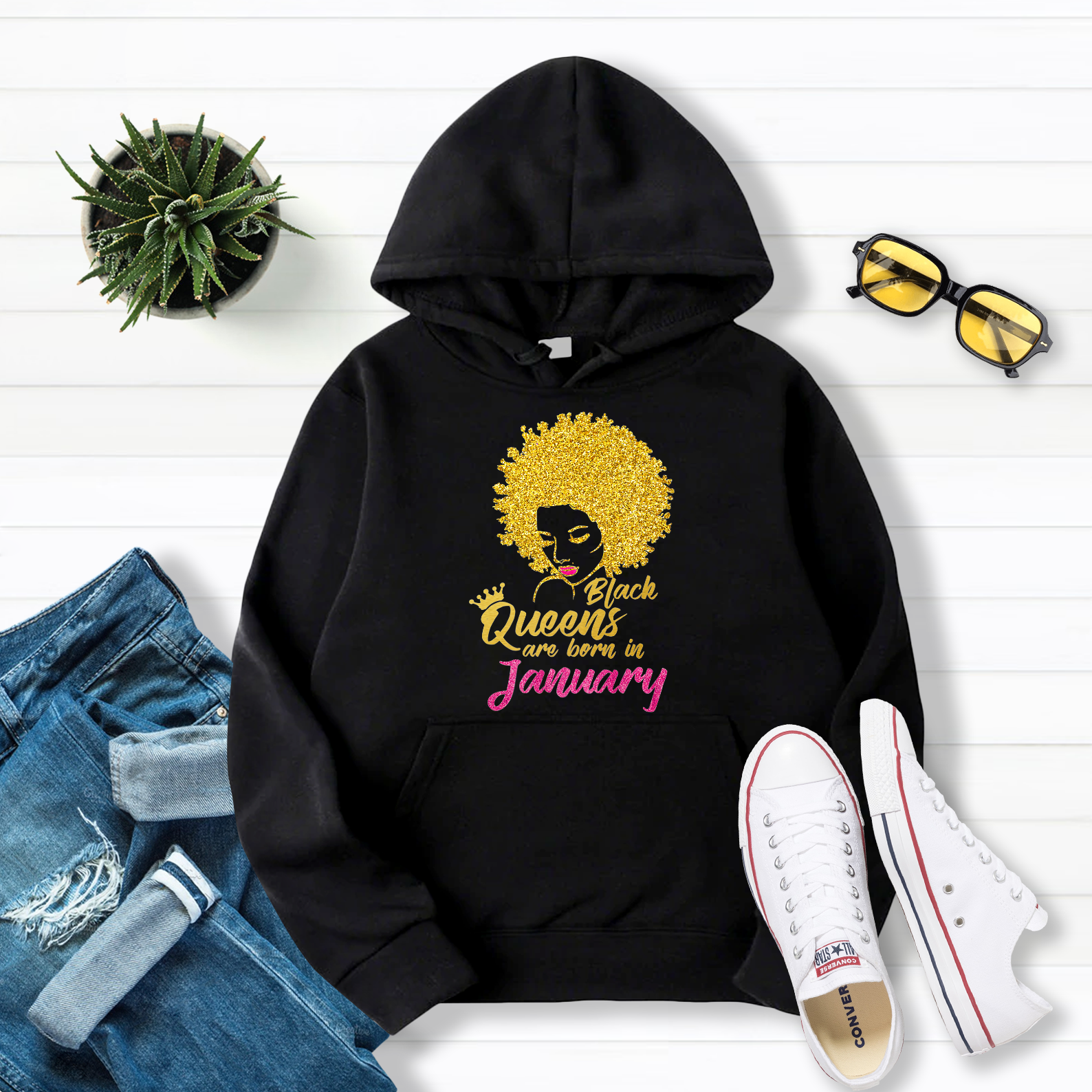 Black Queens Are Born In January Birthday Pullover Hoodie Black S-5XL