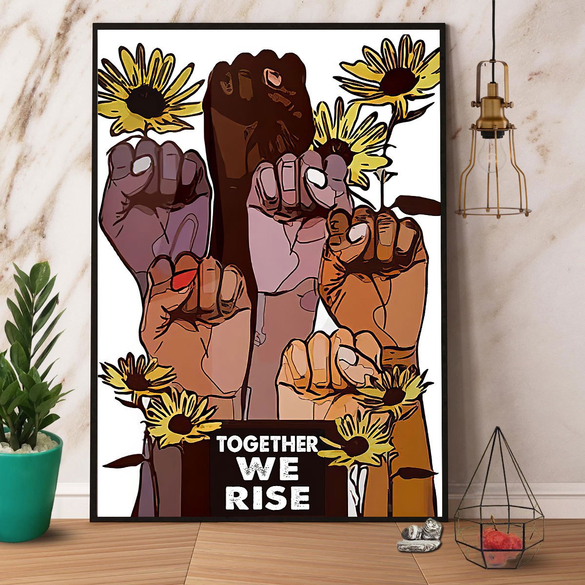 Black Sunflowers Together We Rise Satin Poster Portrait No Frame