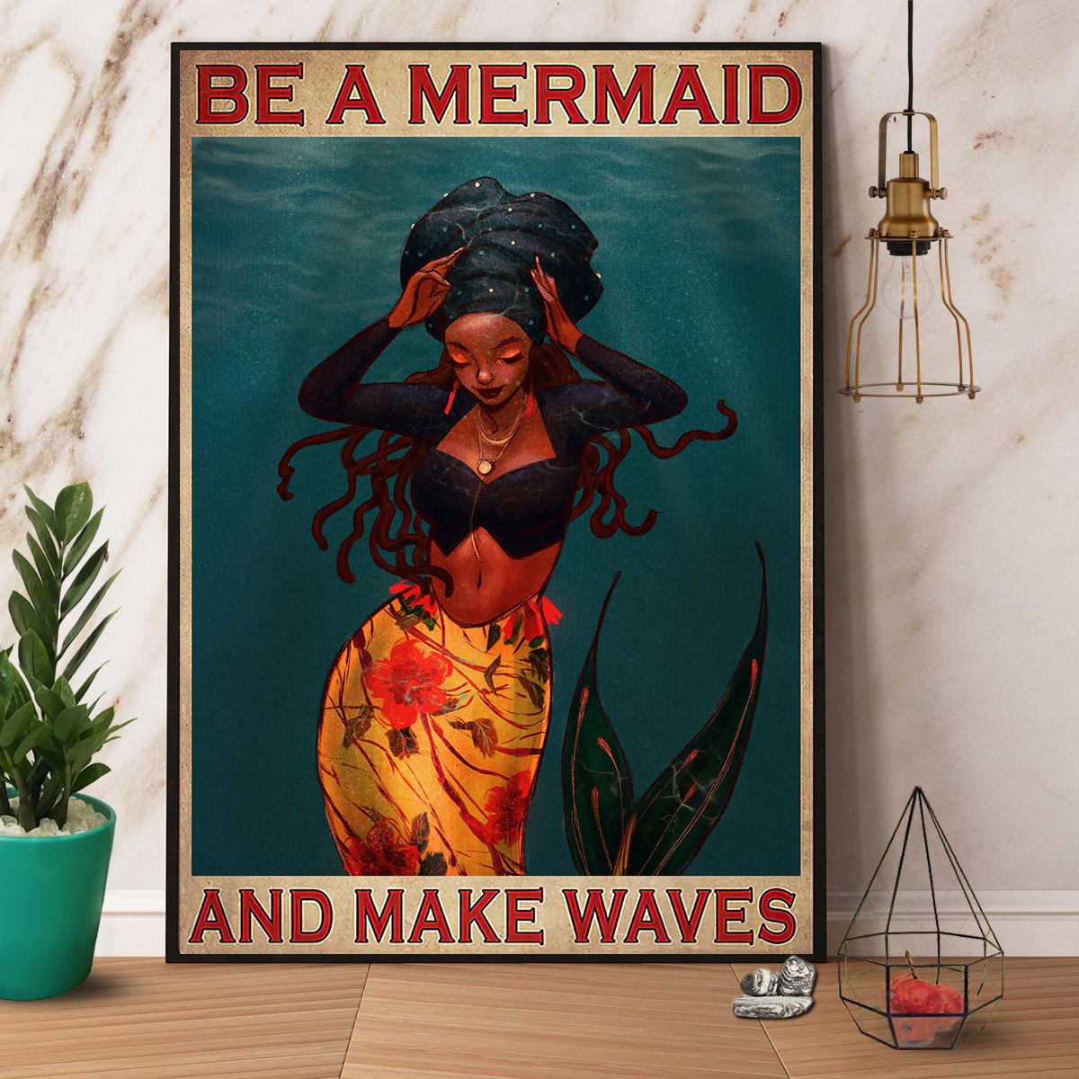 Black Woman Be A Mermaid And Make Waves Satin Poster Portrait No Frame