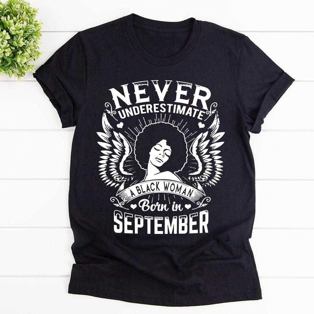 Black Woman Born In September Afro Hair Wings T Shirt Black Unisex S-6XL