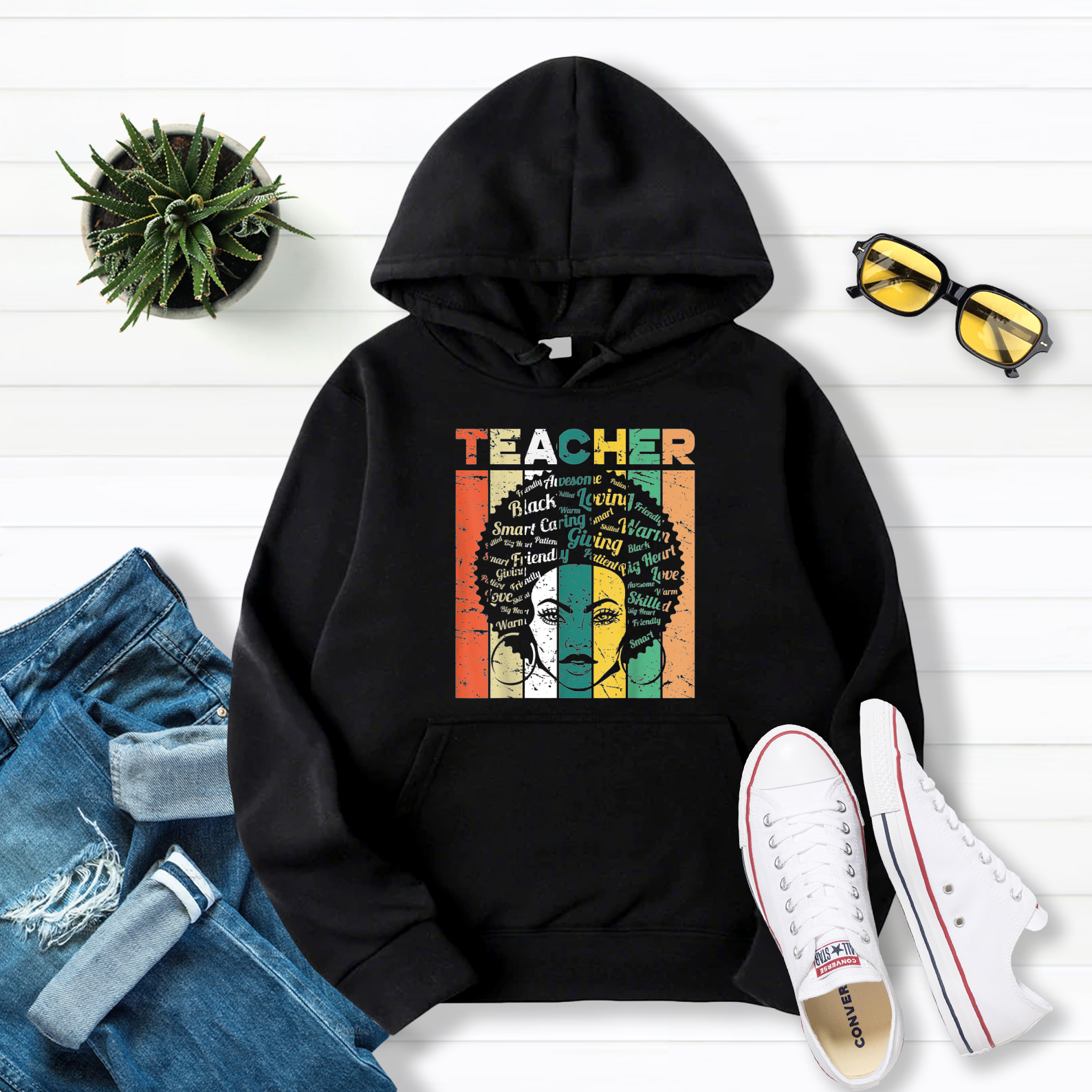 Black Woman Teacher Afro Retro Black History Month Gift Pullover Hoodie Black S-5XL