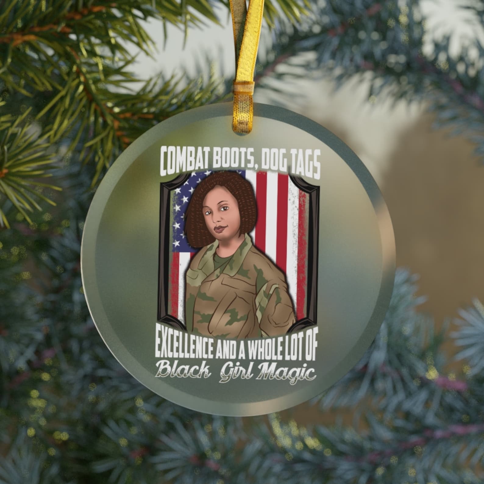 Black Woman Veteran Black Girl Soldier Military Holiday Giftamerican Flag Daughter Deployed Usa Christmas Ornament