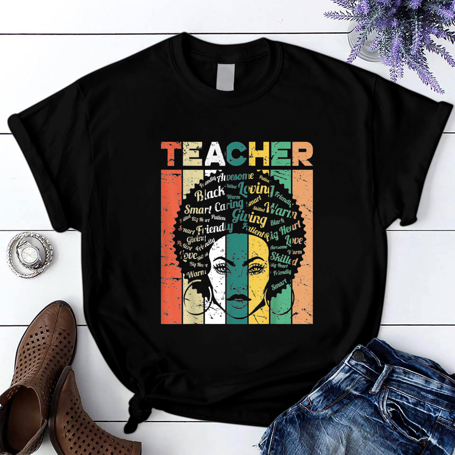 Black Womaneacher Afro Retro Black History Month Gift T Shirt Black Unisex S-6XL