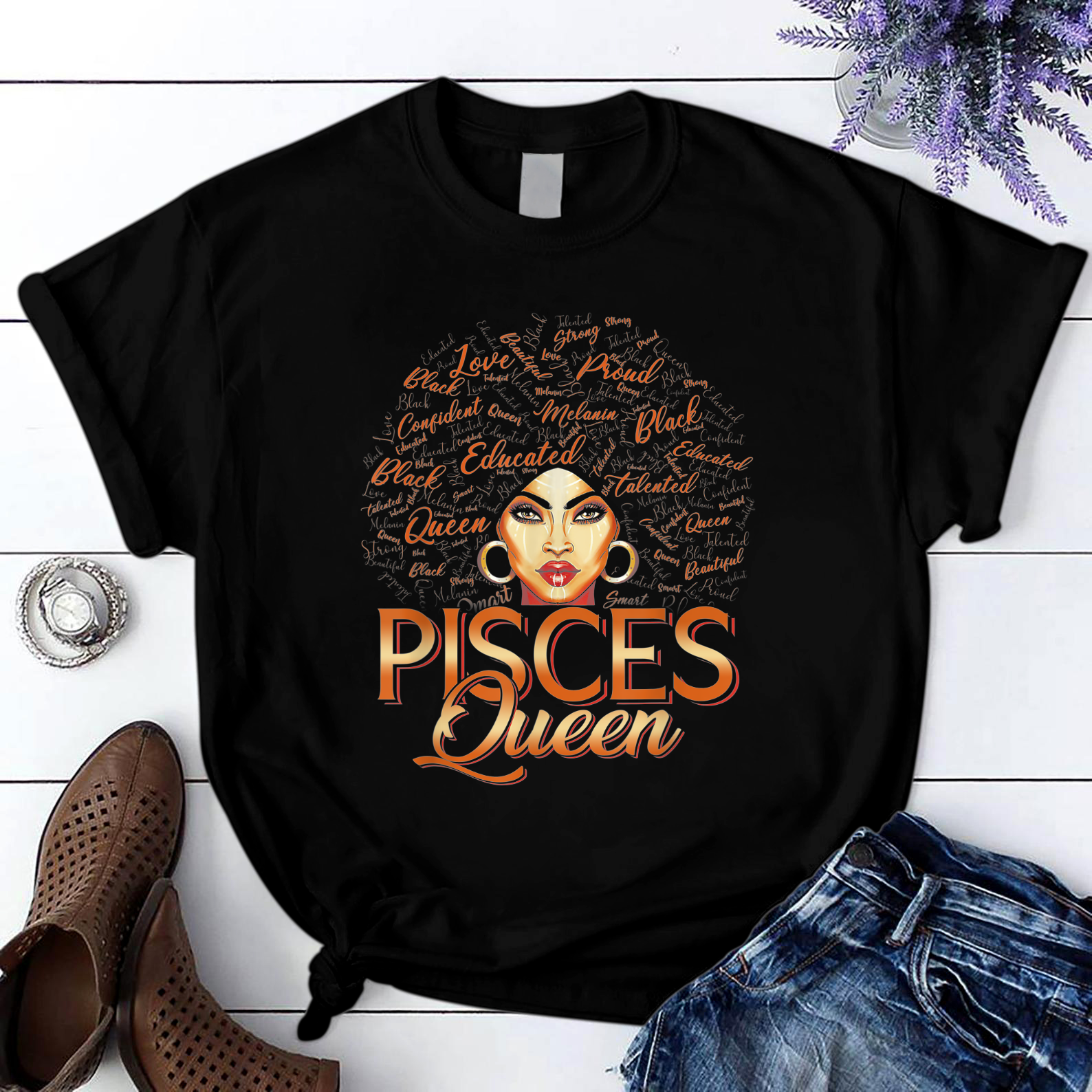 Black Women Afro Hair Art Pisces Queen March Birthday T Shirt Black Unisex S-6Xl