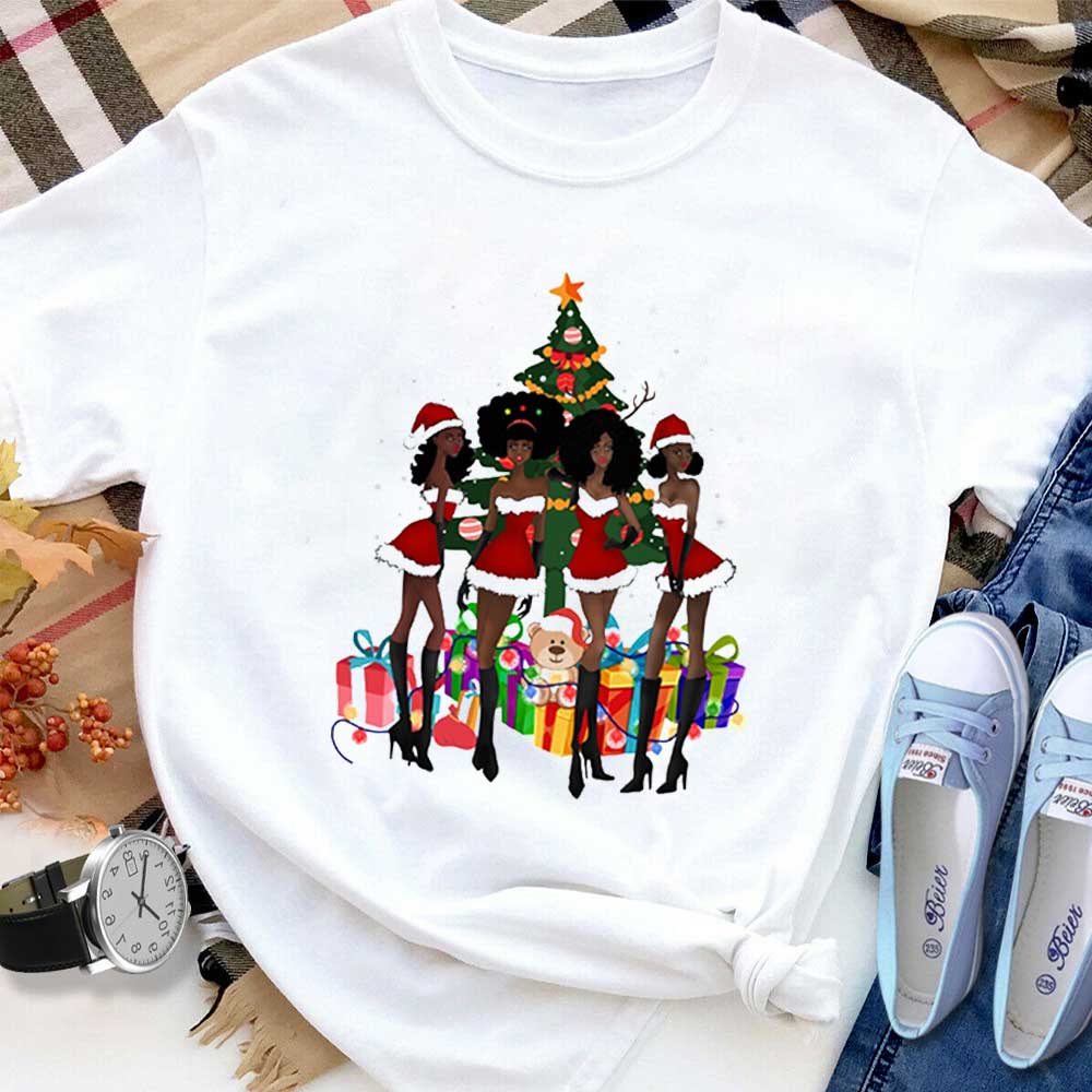 Black Women Friends Santa Claus Merry Christmas Gifts Xmas Tree T Shirt White Unisex S-6XL