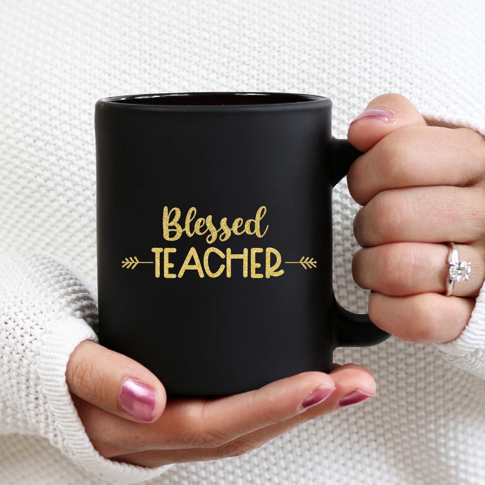 Blessed Teacher Glitter Thanksgiving Mug Black Ceramic 11-15oz Coffee Tea Cup