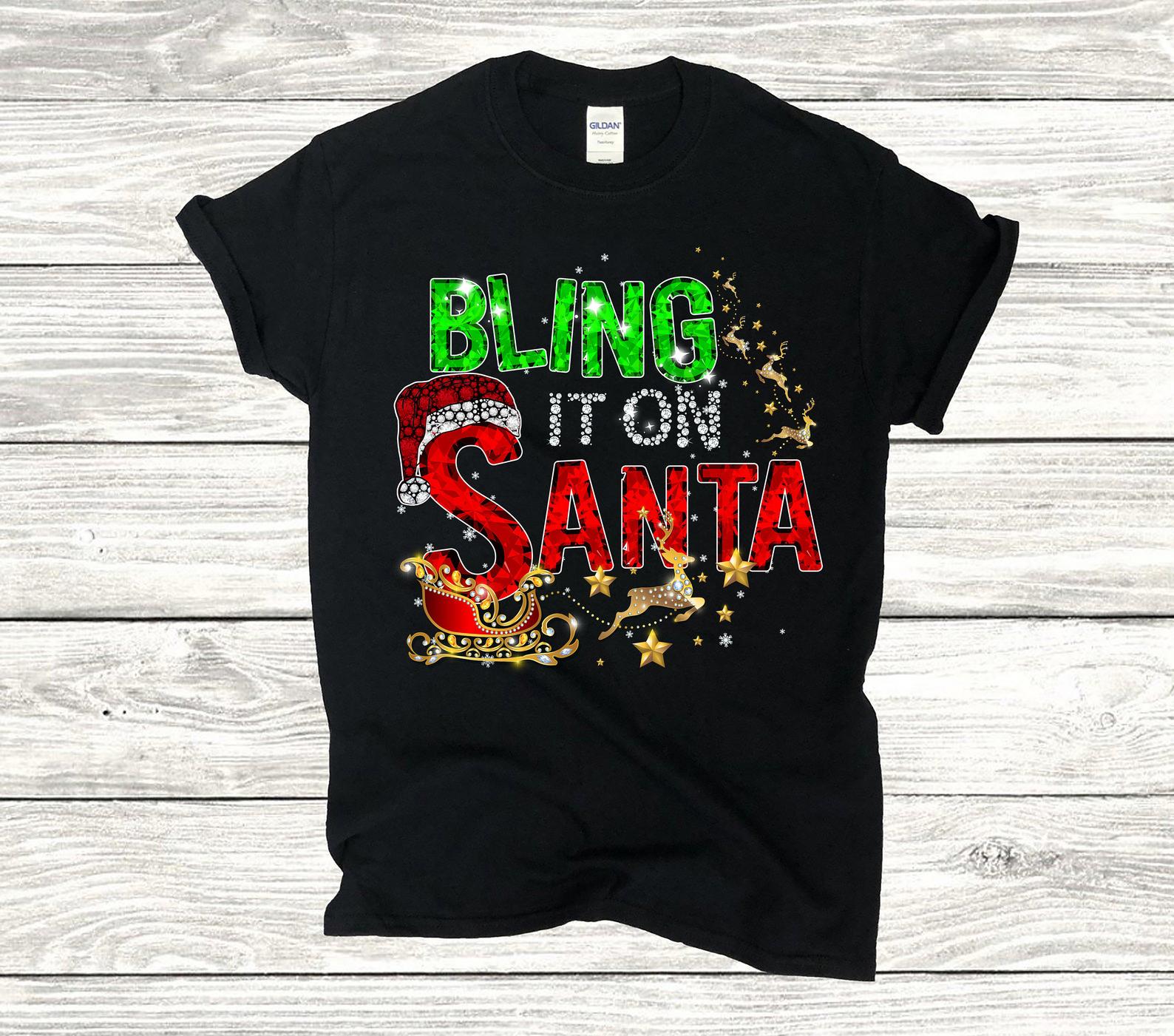 Bling It On Santa T- Santa with Reindeer Go around Red and green seasonal T Shirt Black, Unisex, S-6XL