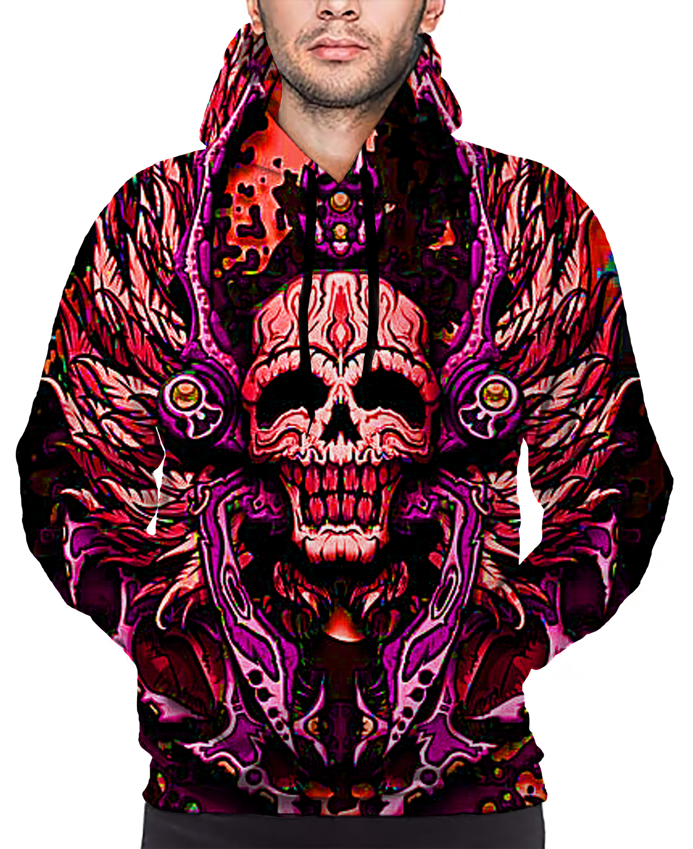 Blood Red Skull Head Death Wings Print Long Sleeve Pullover Hoodie 3D Print Full S-5XL