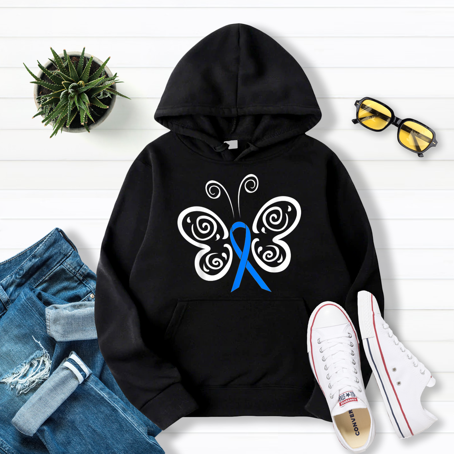 Blue Awareness Ribbon Butterfly Tribal Tattoo Pullover Hoodie Black S-5XL