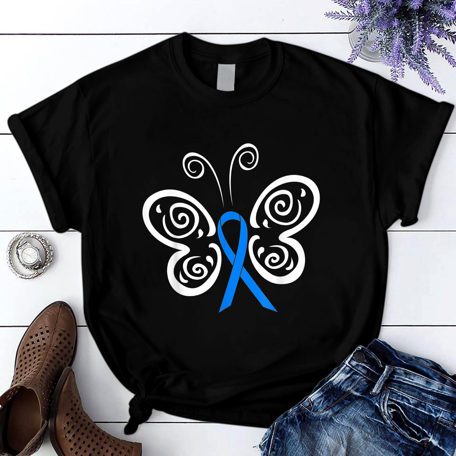 Blue Awareness Ribbon Butterfly Tribal Tattoo T Shirt Black Unisex S-6XL