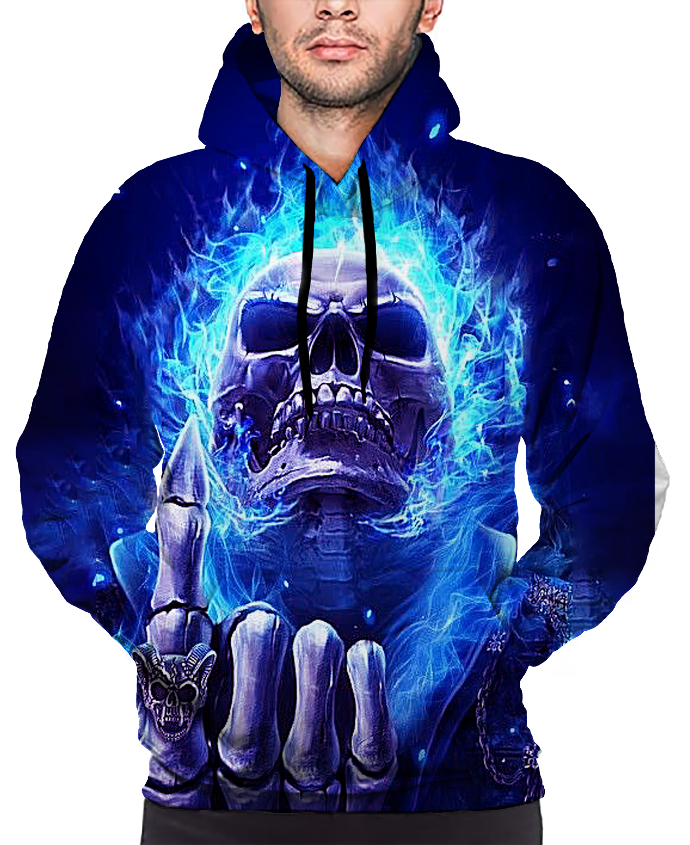 Blue Flaming Skull Pointing Provocatively Print Long Sleeve Pullover Hoodie 3D Print Full S-5XL