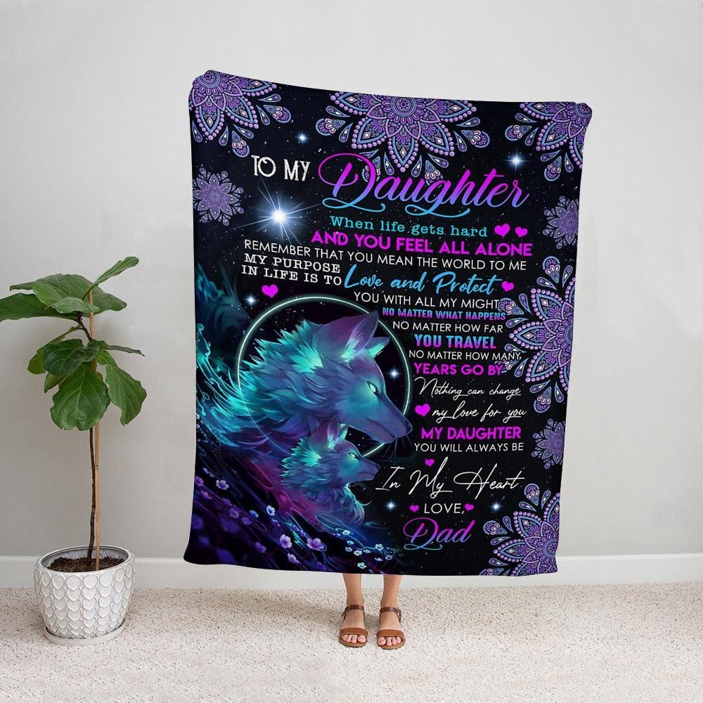 Blue wolf to my daughter nothing can change my love for you purple & blue Fleece Blanket