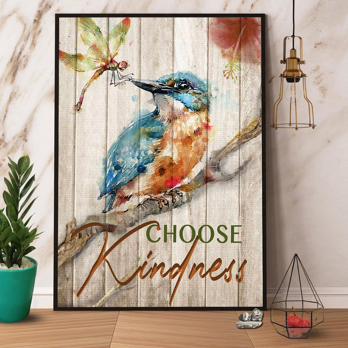 Bluebird & Dragonfly Choose Kindness Satin Poster Portrait No Frame