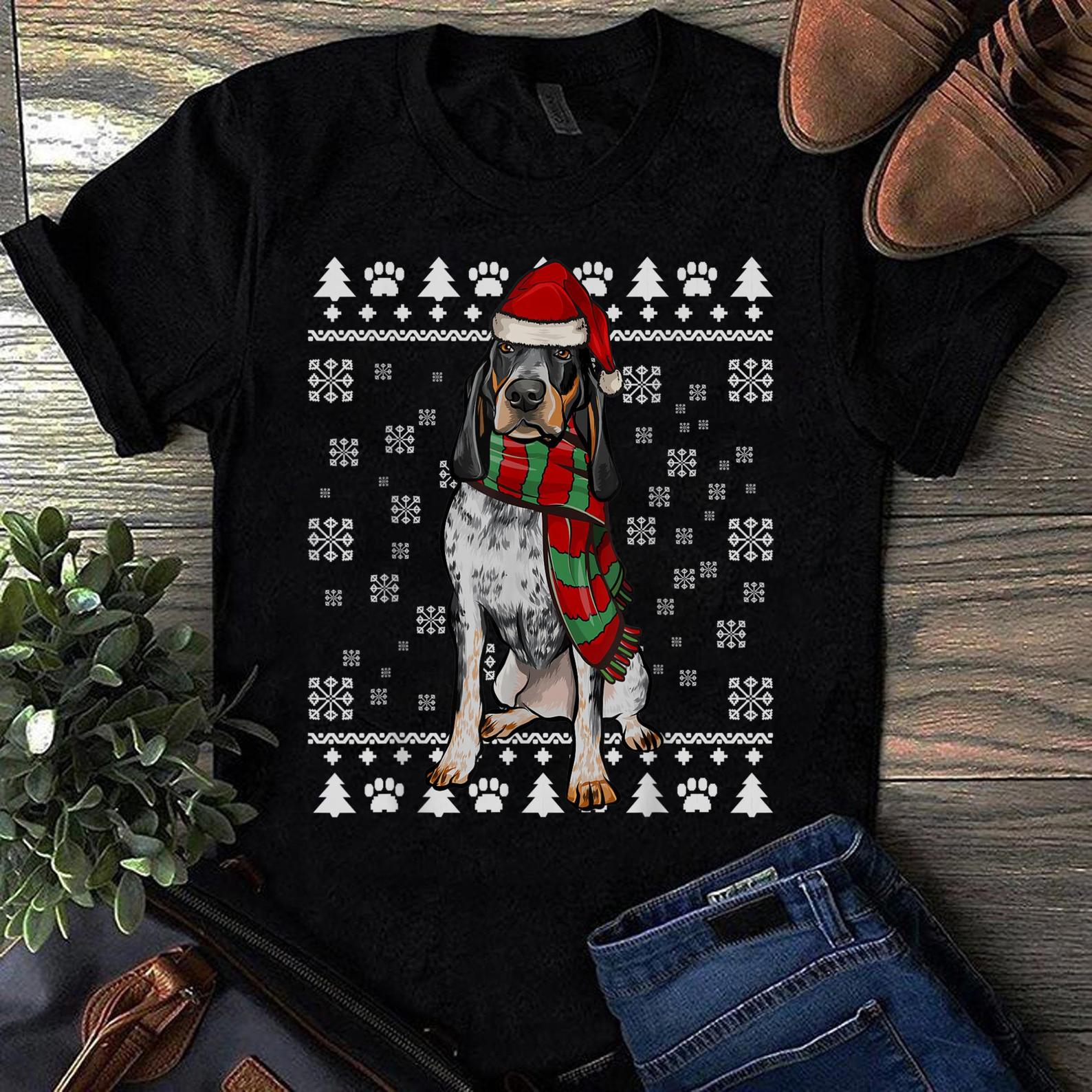 Bluetick Coonhound Dog Santa Hat Xmas Ugly Christmas T Shirt Black Unisex S-6XL