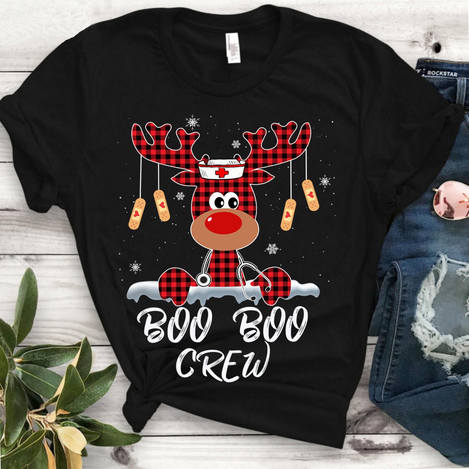 Boo Boo Crew Reindeer Nurse Christmas T Shirt Black Unisex S-6XL