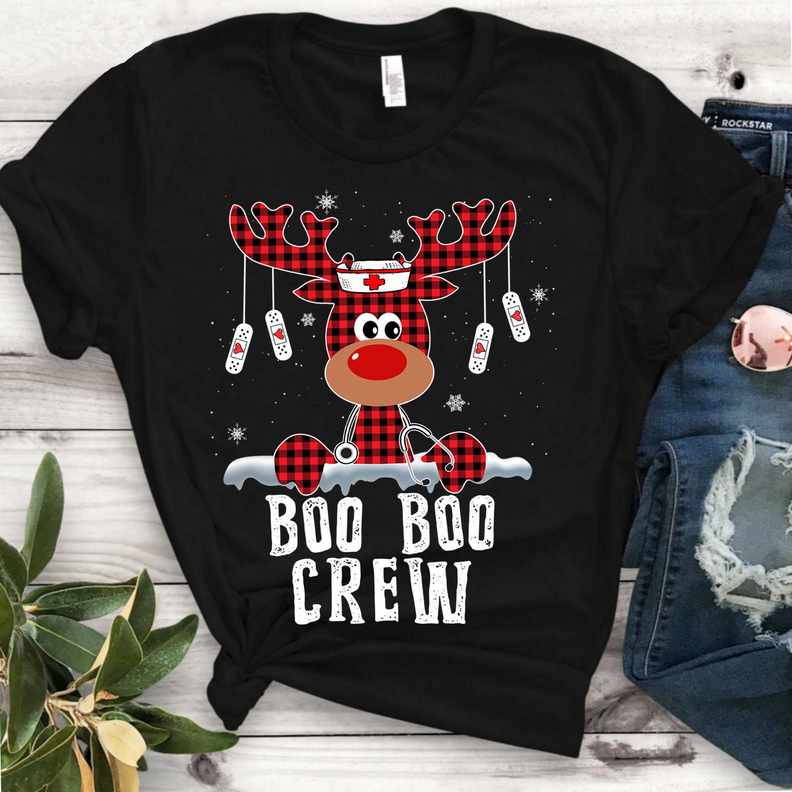 Boo Boo Crew Reindeer Nurse Christmas T Shirt Black Unisex S-6XL