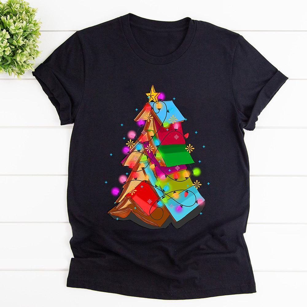 Book christmas tree book lovers xmas color light merry christmas T Shirt Black Unisex S-6XL