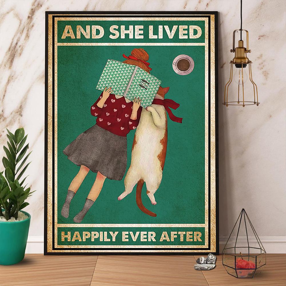 Book Girl & Cat And She Lived Happily Ever After Satin Poster Portrait No Frame