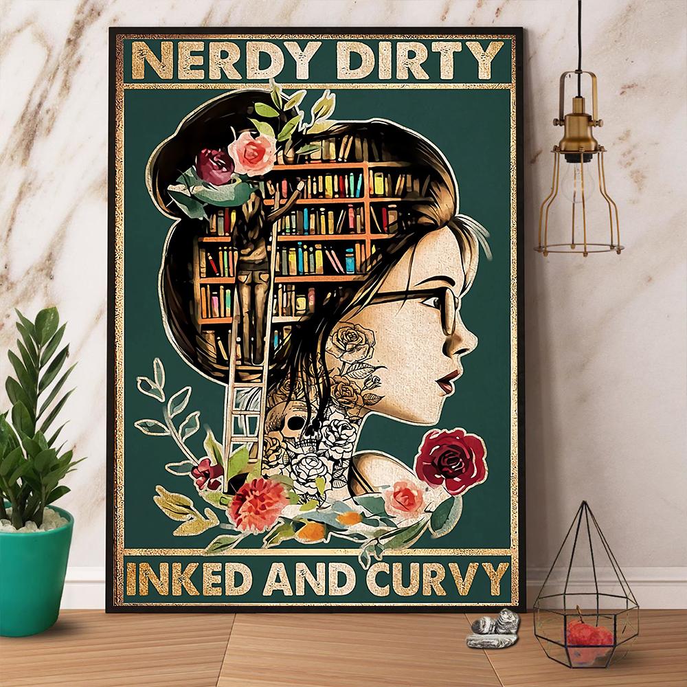 Book Girl Nerdy Dirty Inked And Curvy Satin Poster Portrait No Frame