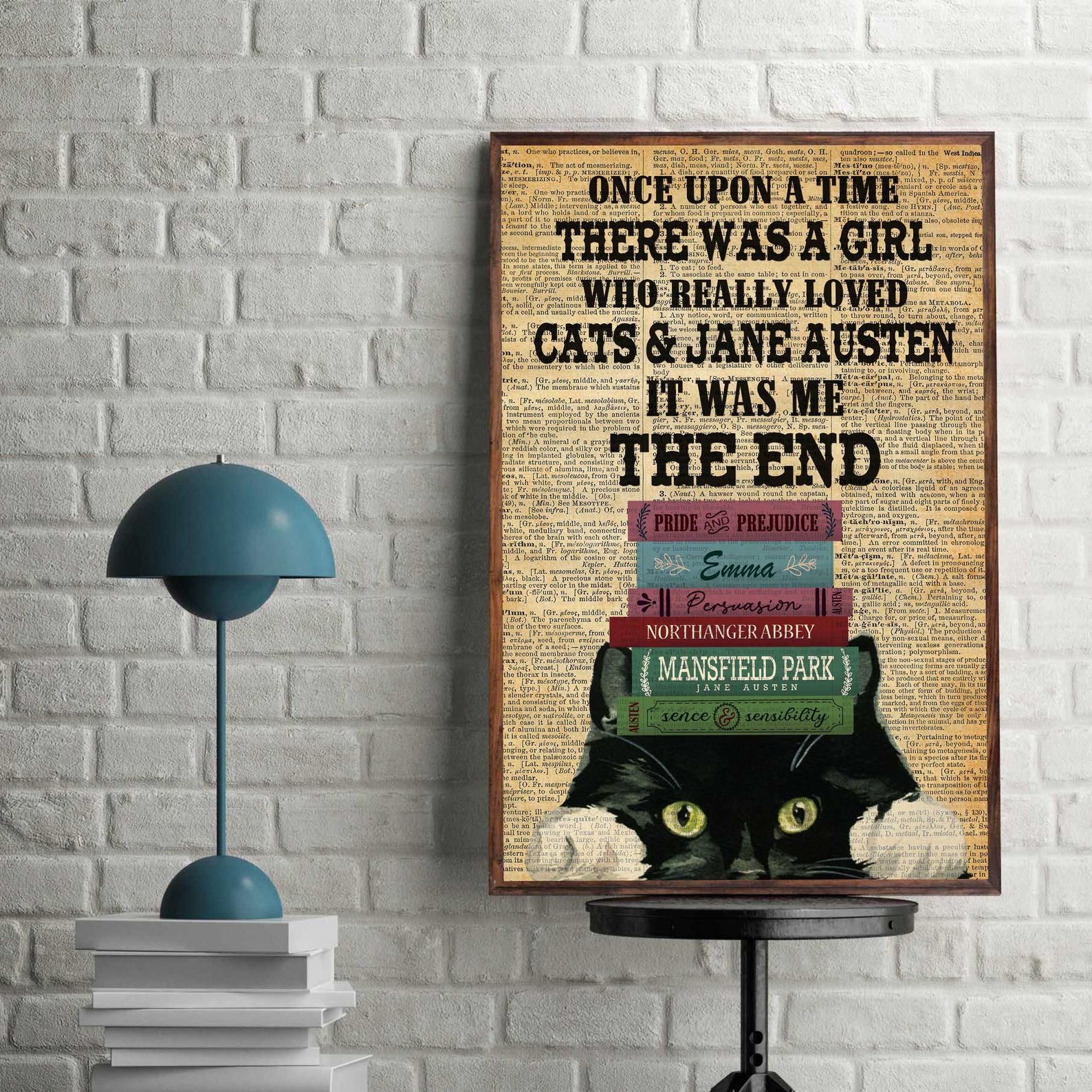 Books and Black Cat Girl Loves Books Vintage Satin Poster Portrait no Frame