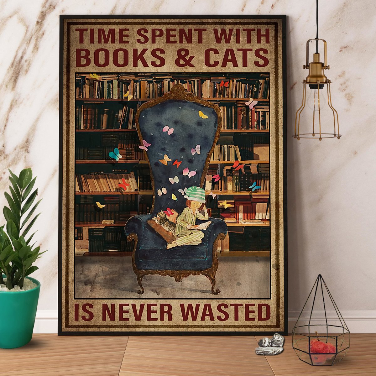 Books And Cats Time Spent With Books & Cats Is Never Wasted Satin Poster Portrait No Frame