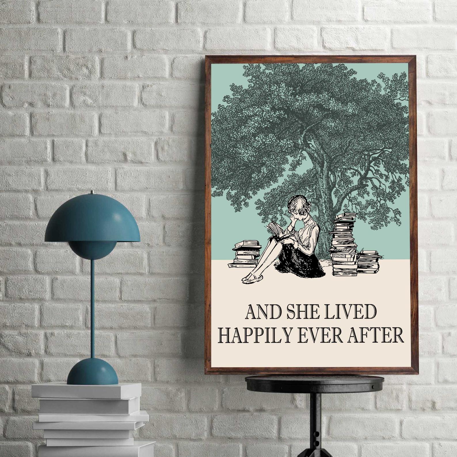 Books And She Lived Happily Ever After Table Top Vintage Gift For Animal Lover Satin Poster Portrait no Frame