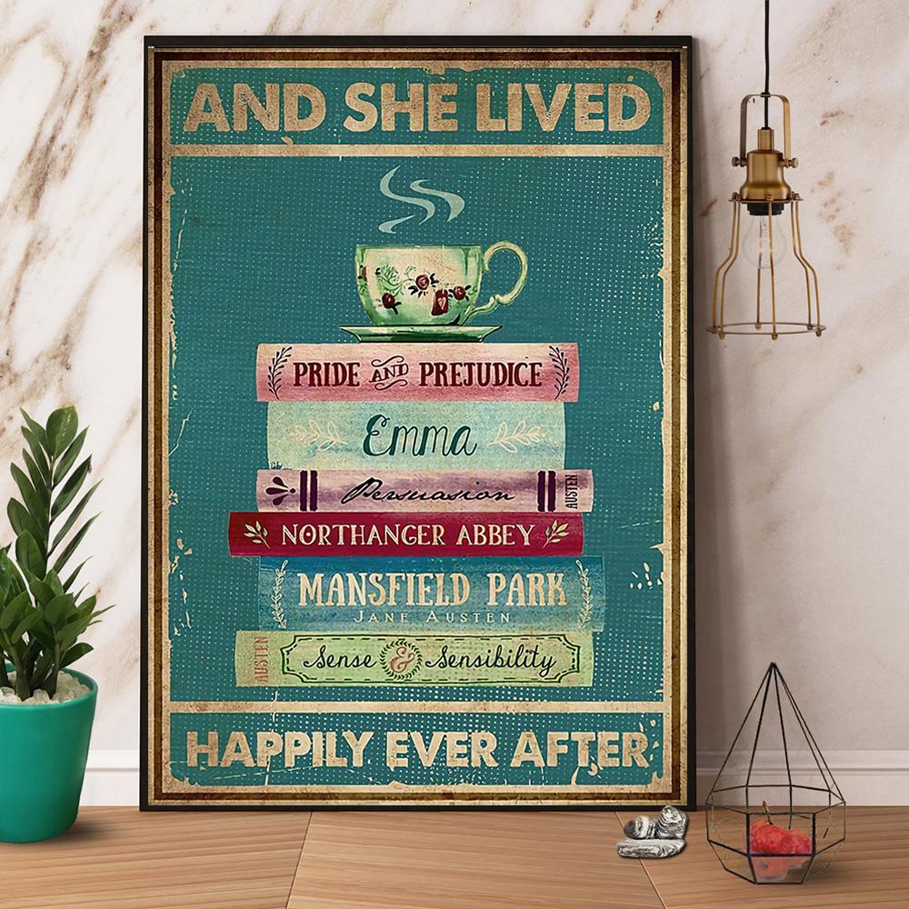 Books Coffee And She Lived Happily Ever After Satin Poster Portrait No Frame