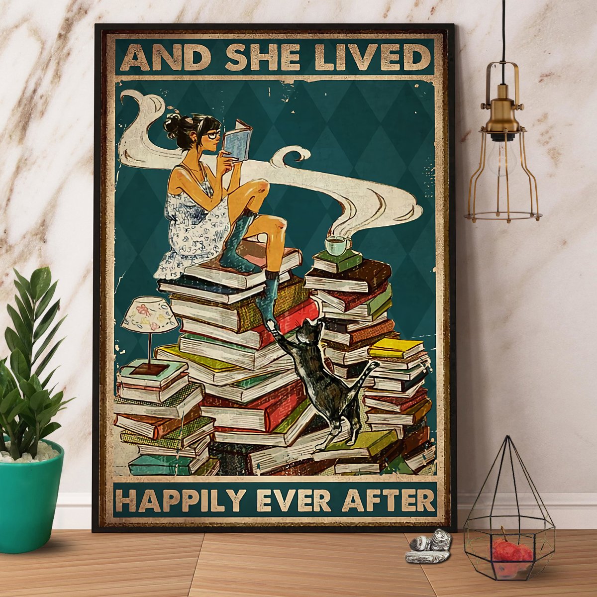 Books & Girl And She Lived Happily Ever After Satin Poster Portrait No Frame