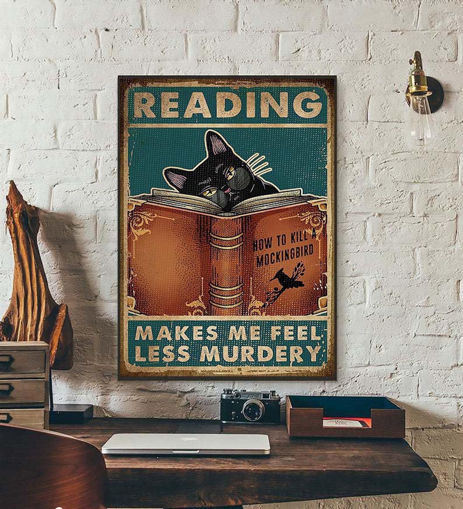 Books Love Book Reading Make Me Feel Less Murdery Vintage Cat ation vintage Cat Reading Satin Poster Portrait no Frame