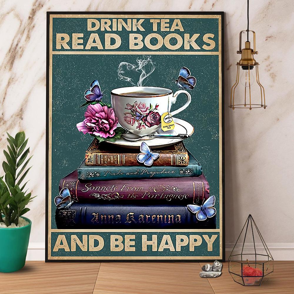 Books Overlap Drink Tea Read Books And Be Happy Satin Poster Portrait No Frame