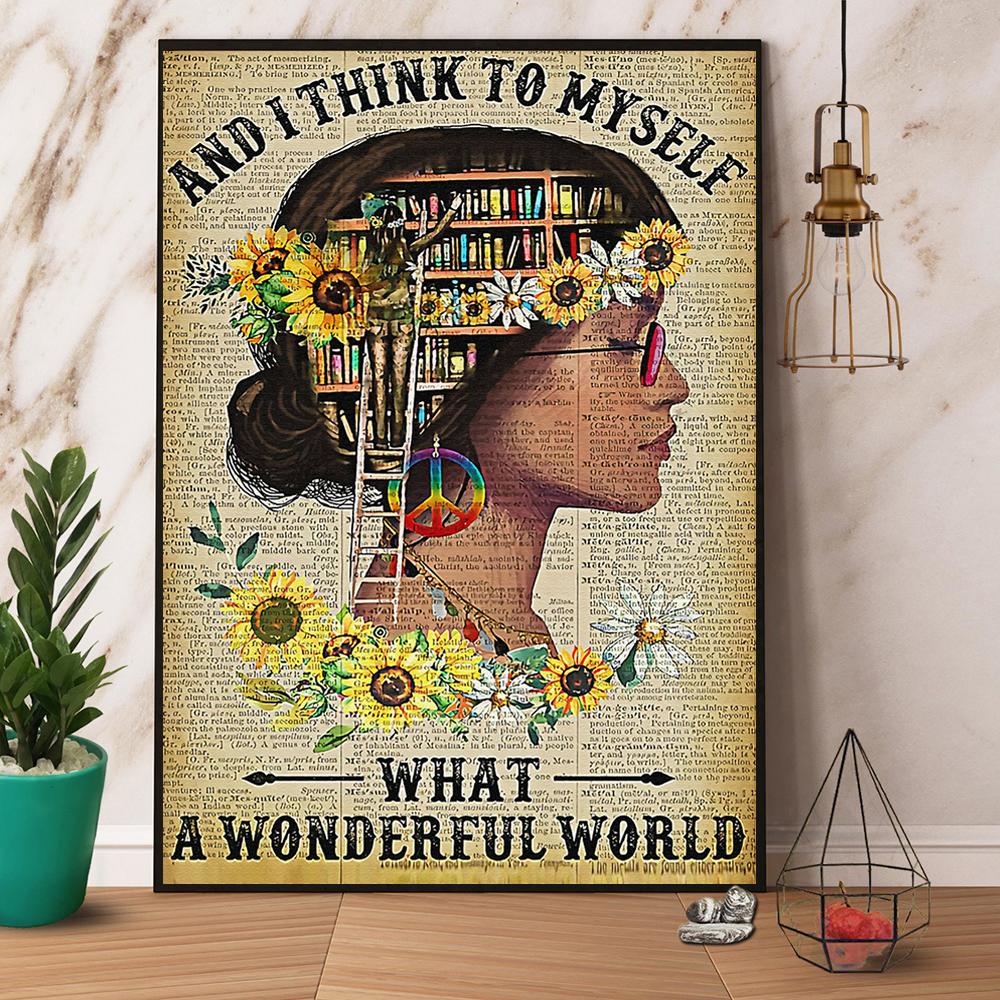 Books & Sunflower And I Think To Myself What A Wonderful World Satin Poster Portrait No Frame