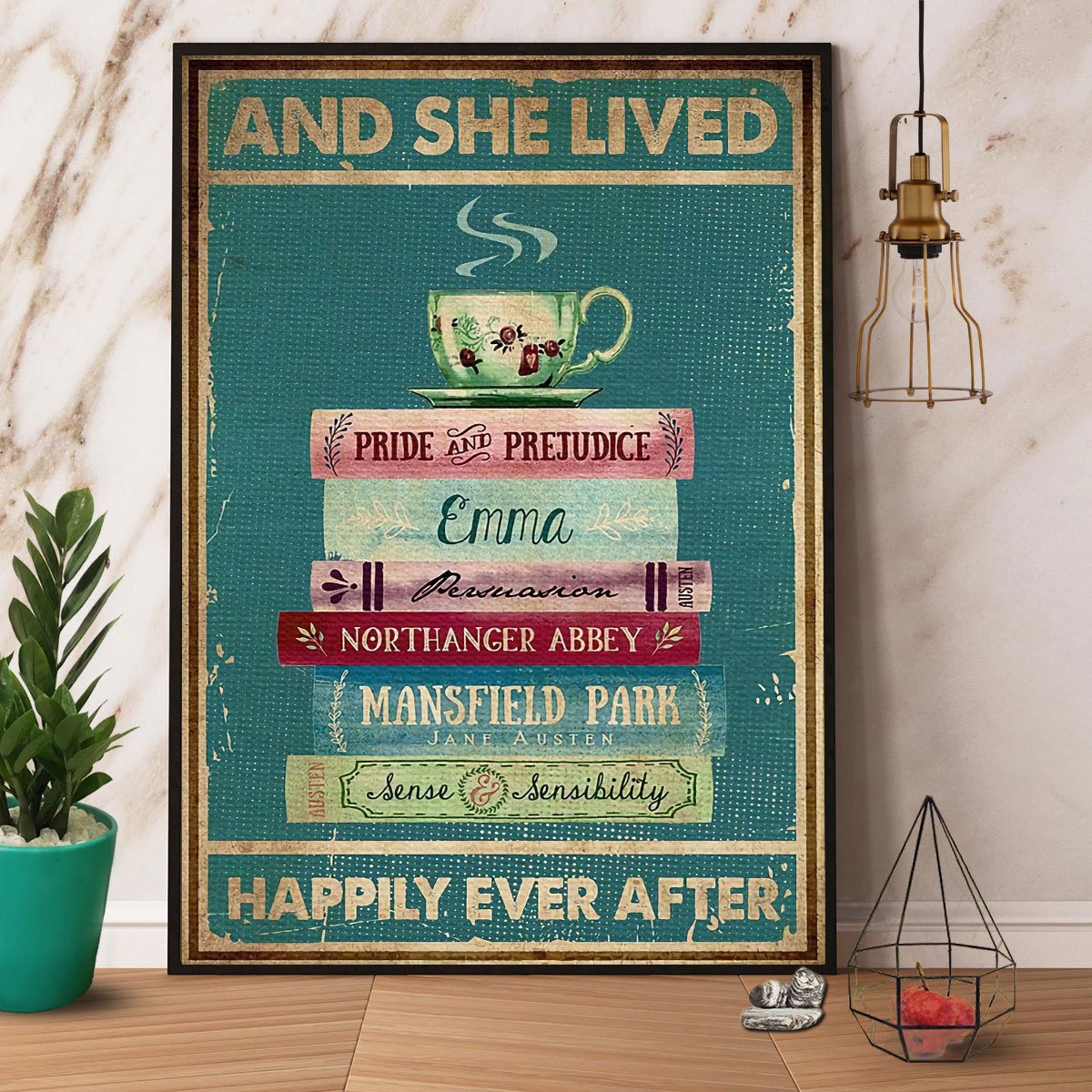 Books & Tea And She Lived Happily Ever After Satin Poster Portrait No Frame