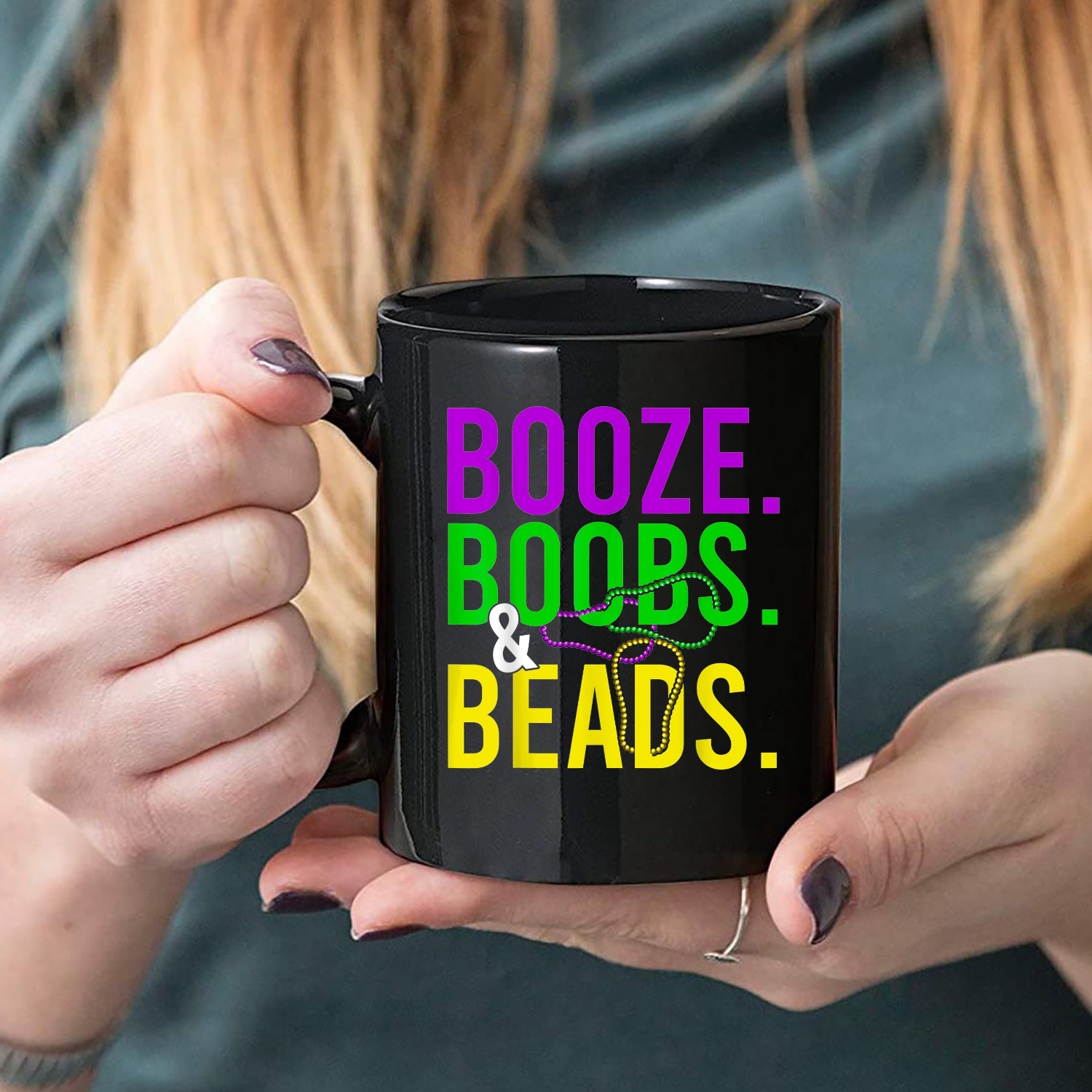 Booze Boobs Beads Funny Mardi Gras Carnival Drinking Mug Black Ceramic 11-15oz Coffee Tea Cup