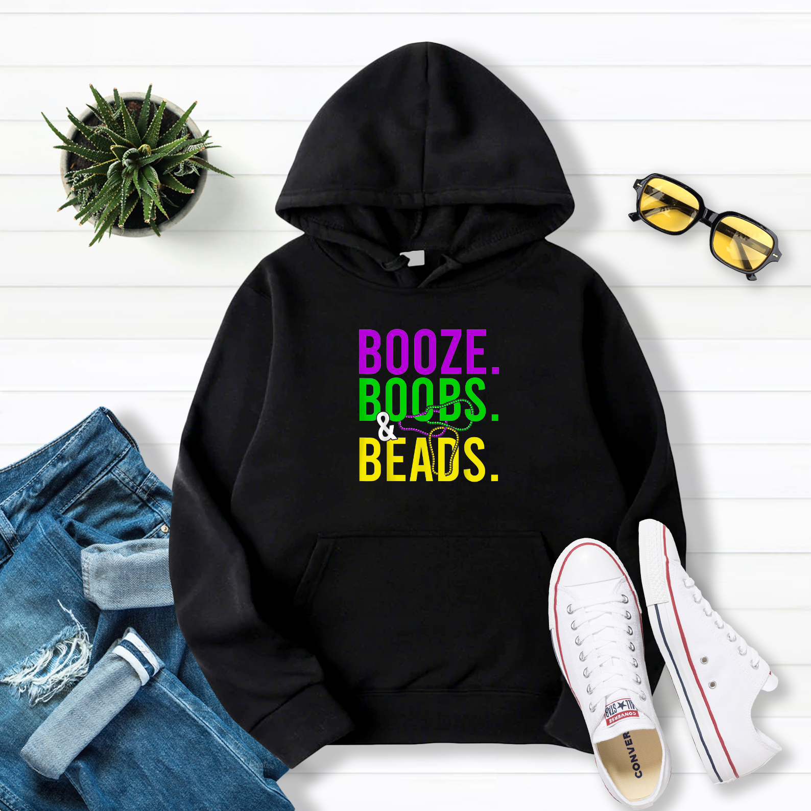 Booze Boobs Beads Funny Mardi Gras Carnival Drinking Pullover Hoodie Black S-5XL