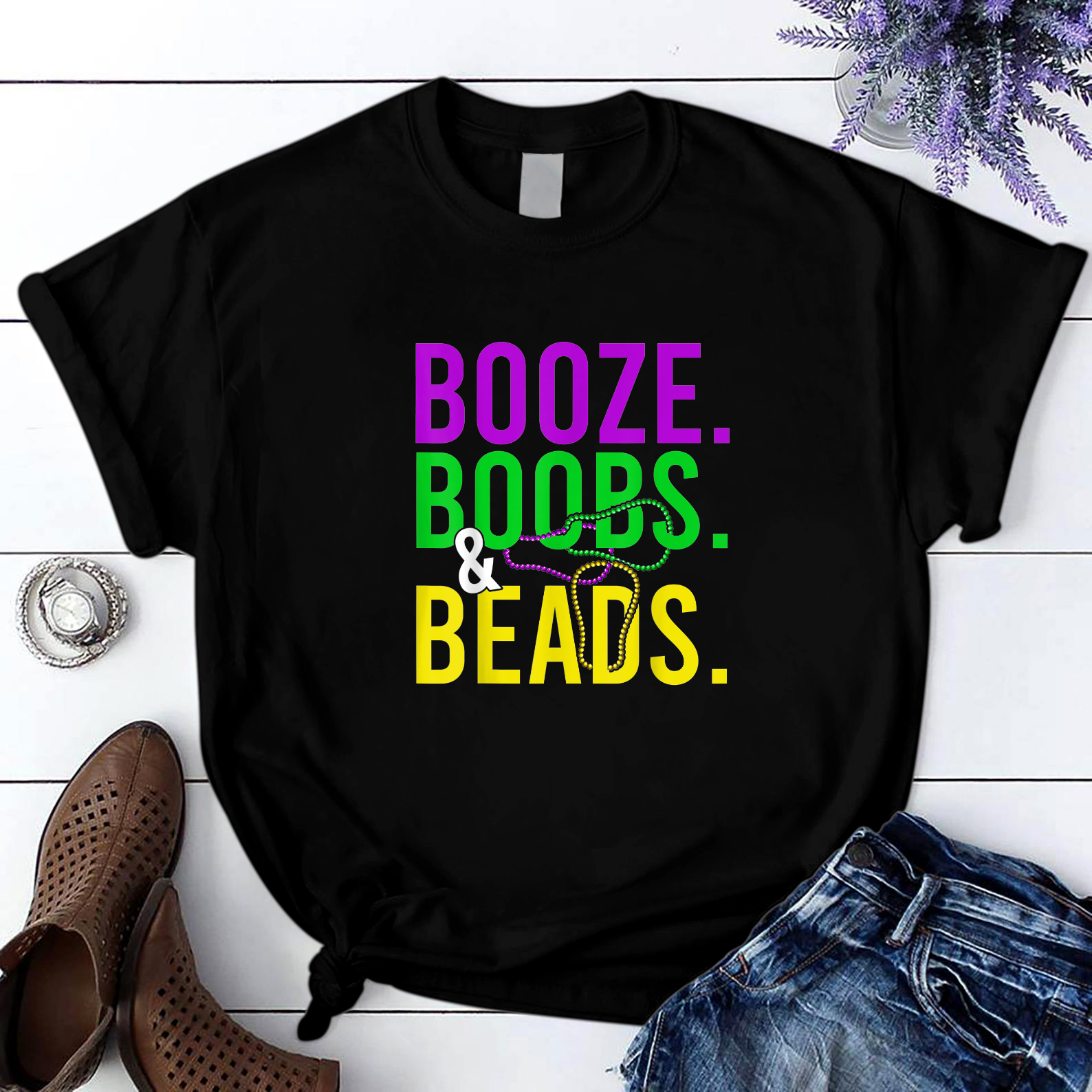 Booze Boobs Beads Funny Mardi Gras Carnival Drinking T Shirt Black Unisex S-6Xl