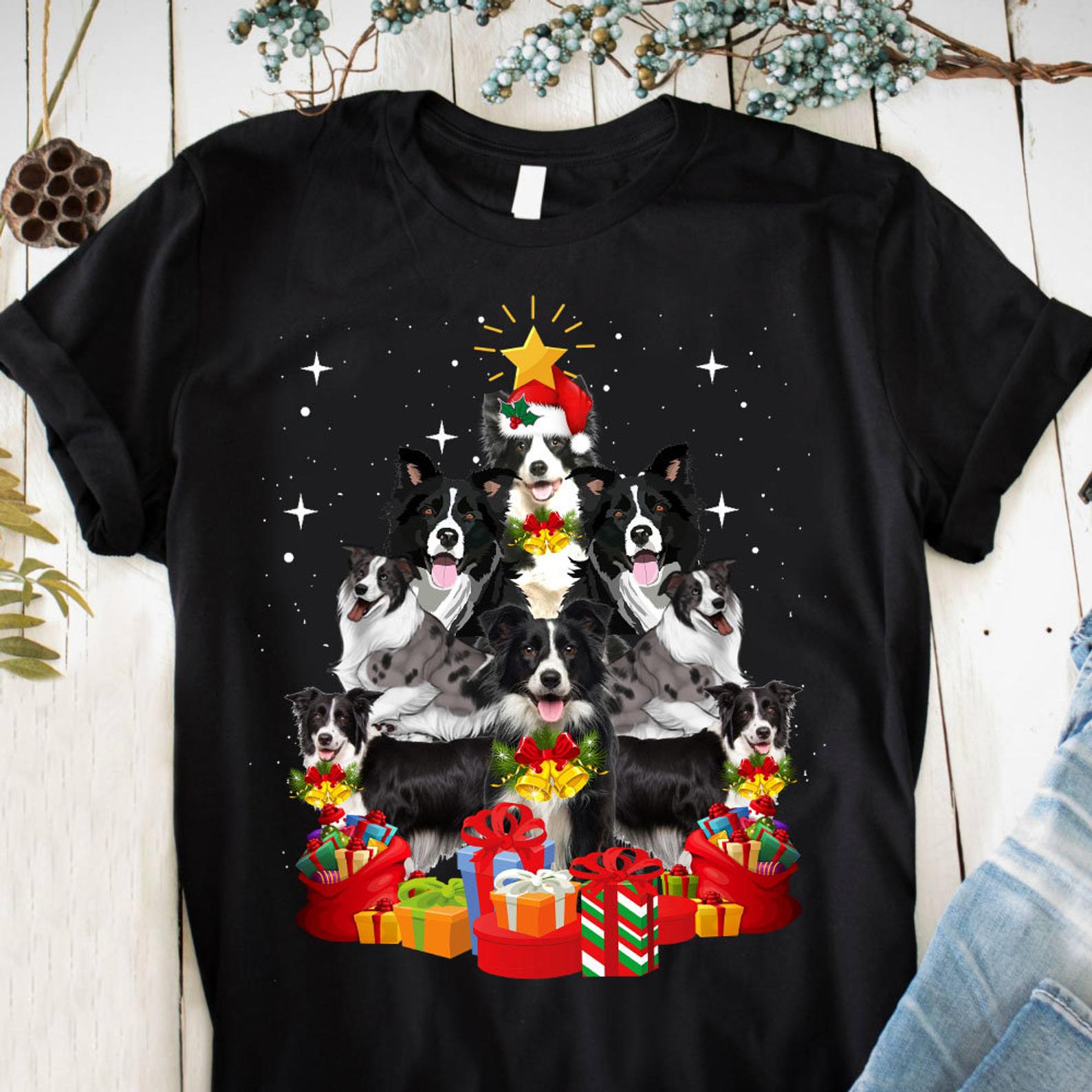 Border Collie Christmas Tree Merry Christmas T Shirt Black, Unisex, S-6XL