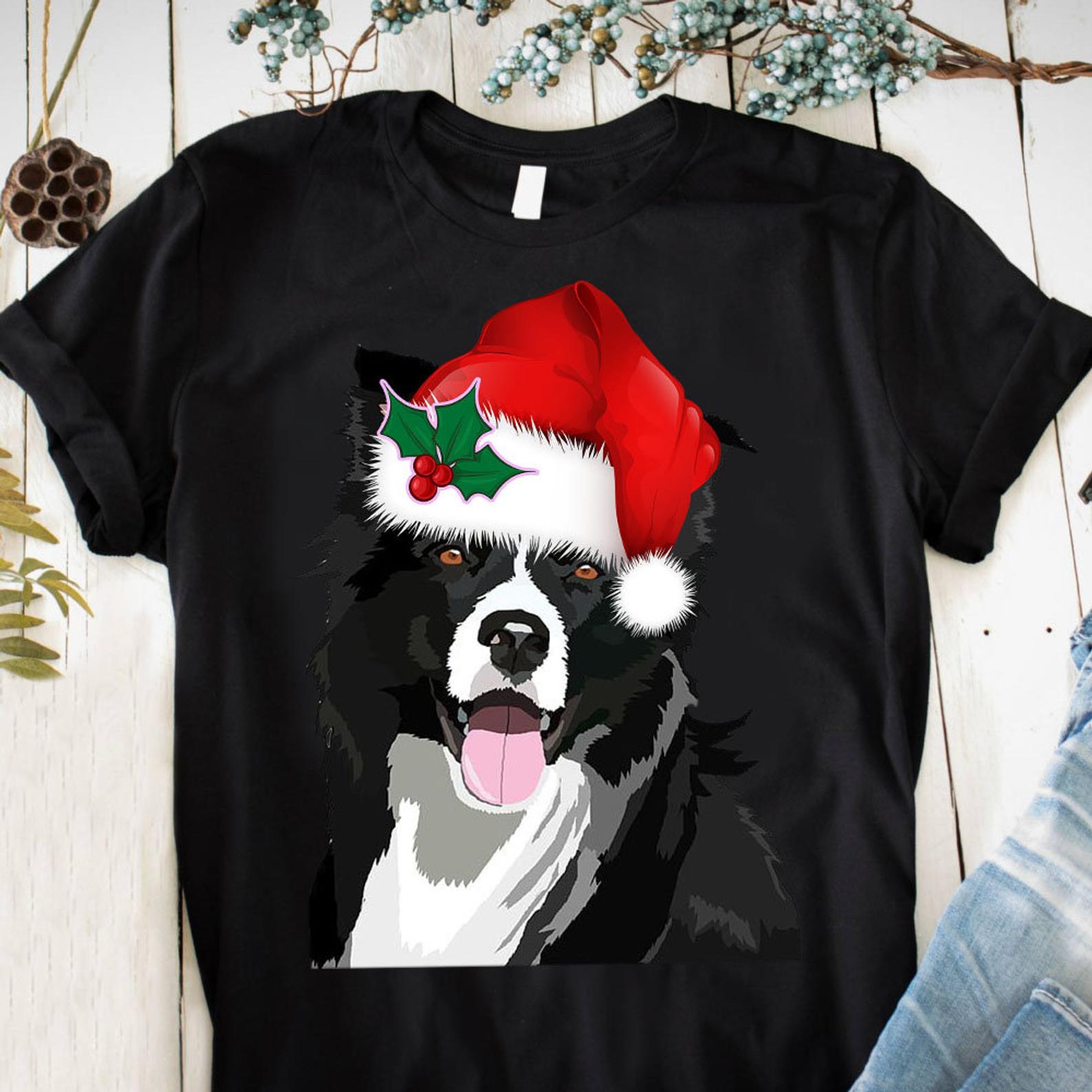 Border Collie Dog Christmas T Shirt Black, Unisex, S-6XL