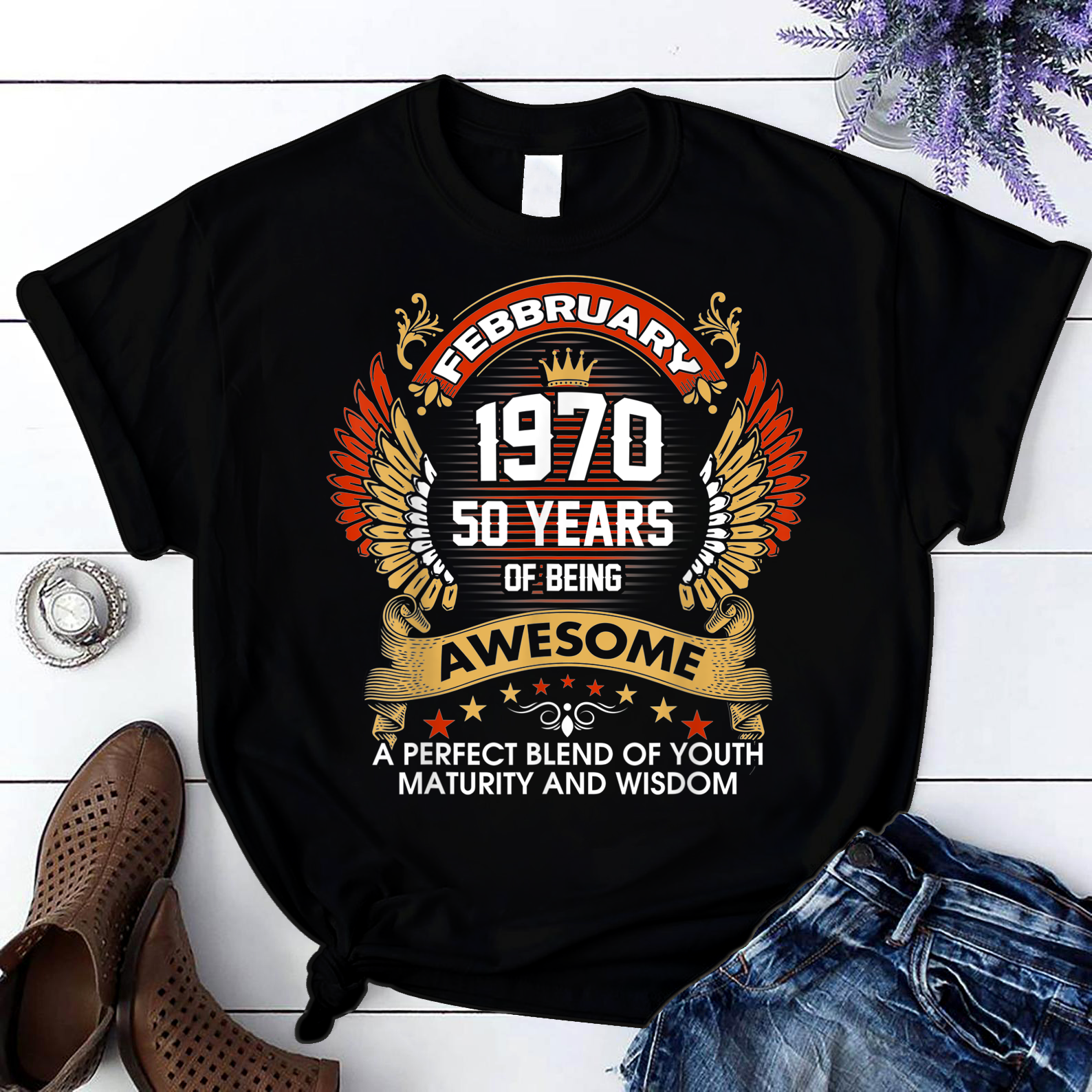 Born In February 1970 50 Years Of Being Awesome Birthday T Shirt Black Unisex S-6Xl