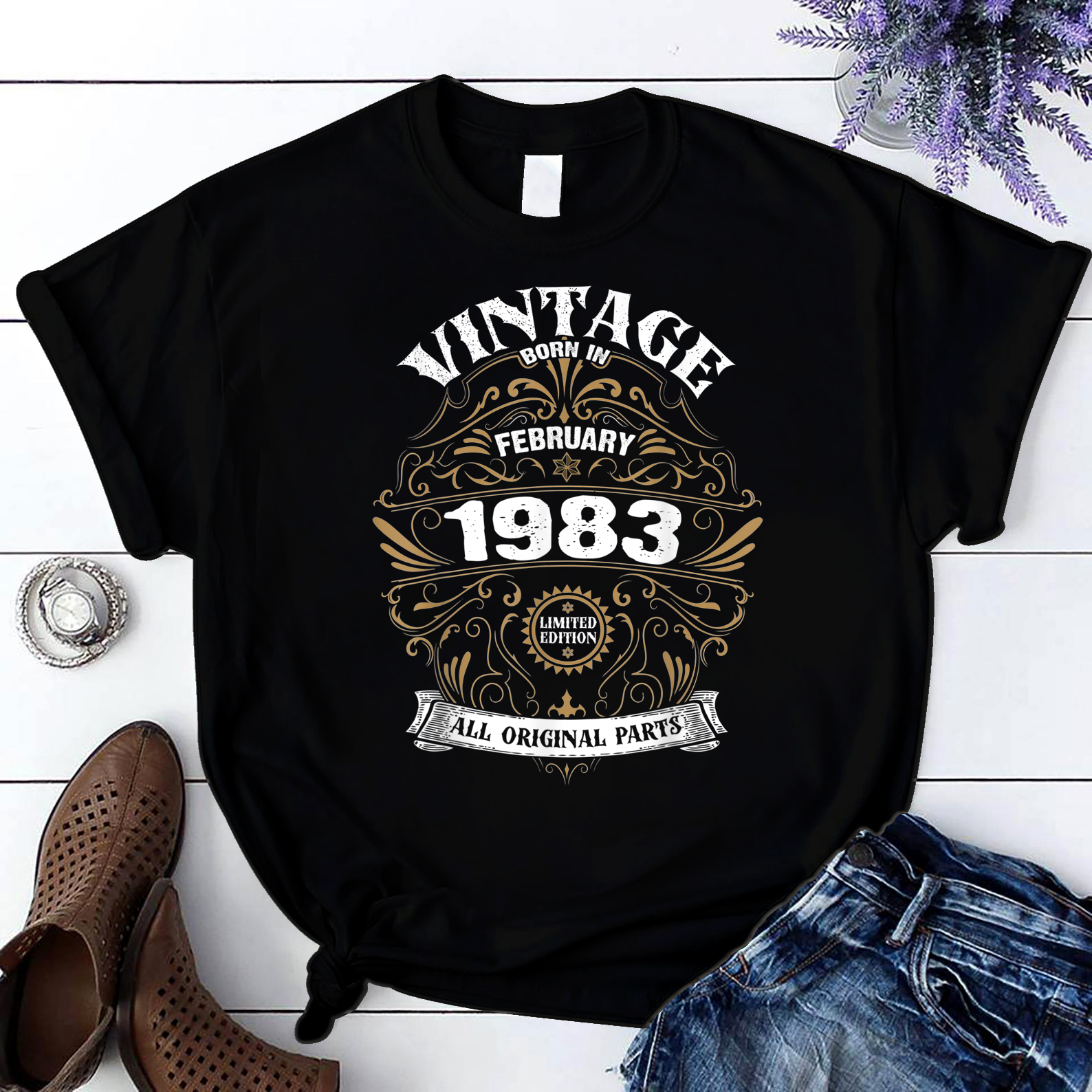 Born In February 1983 Original Parts Vintage Birthday T Shirt Black Unisex S-6Xl