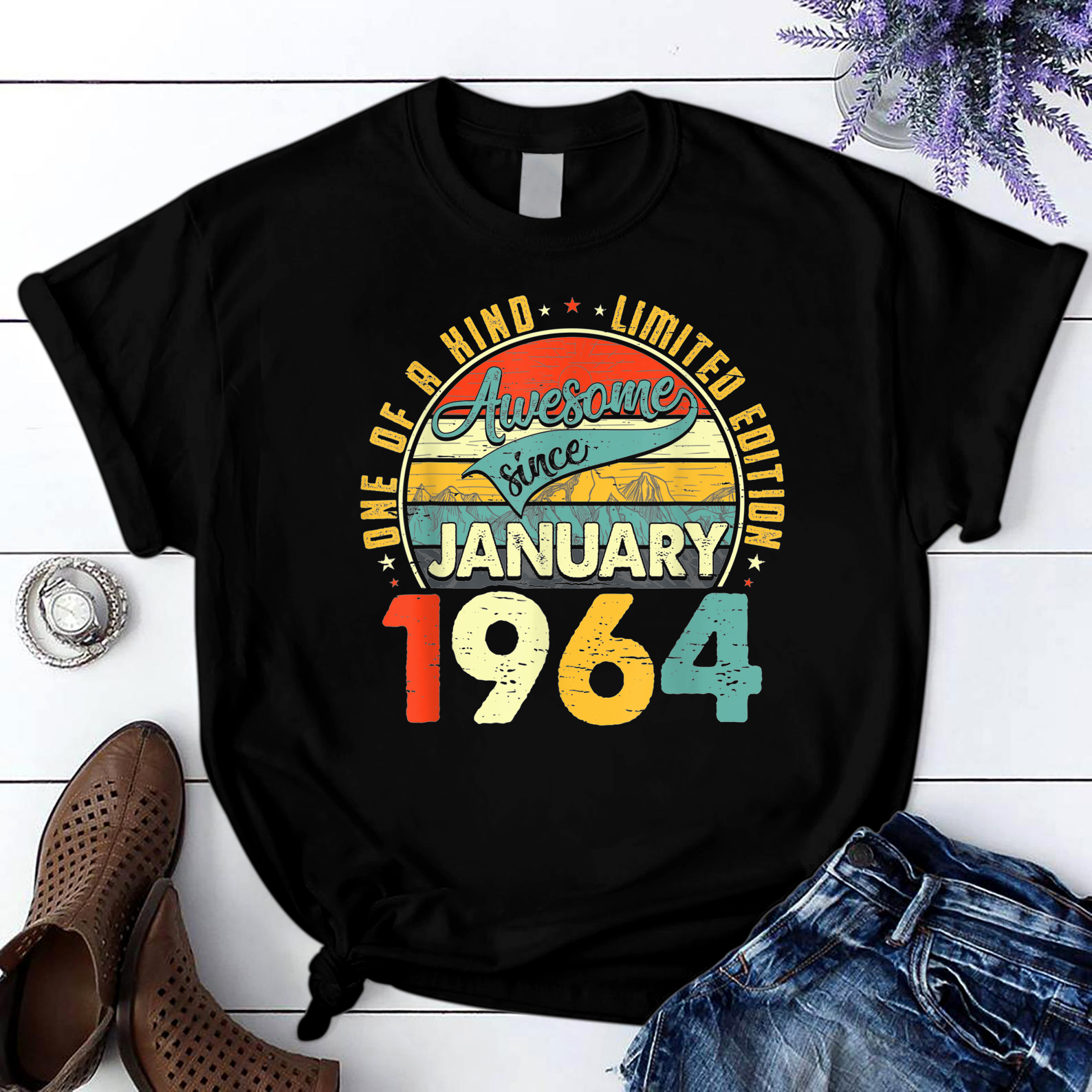 Born In January 1964 57th Birthday Gift Retro 57 Years Old T Shirt Black Unisex S-6XL