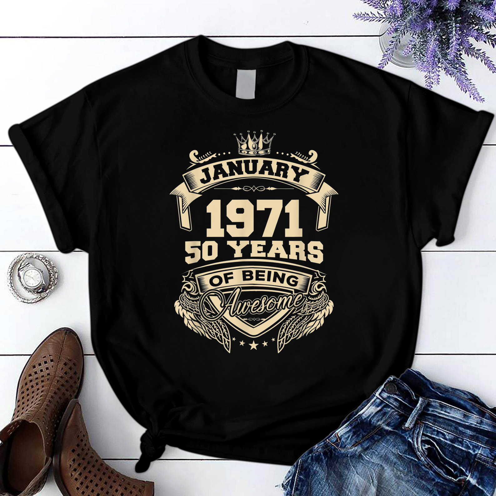 Born In January 1971 50 Years Of Being Awesome T Shirt Black Unisex S-6XL