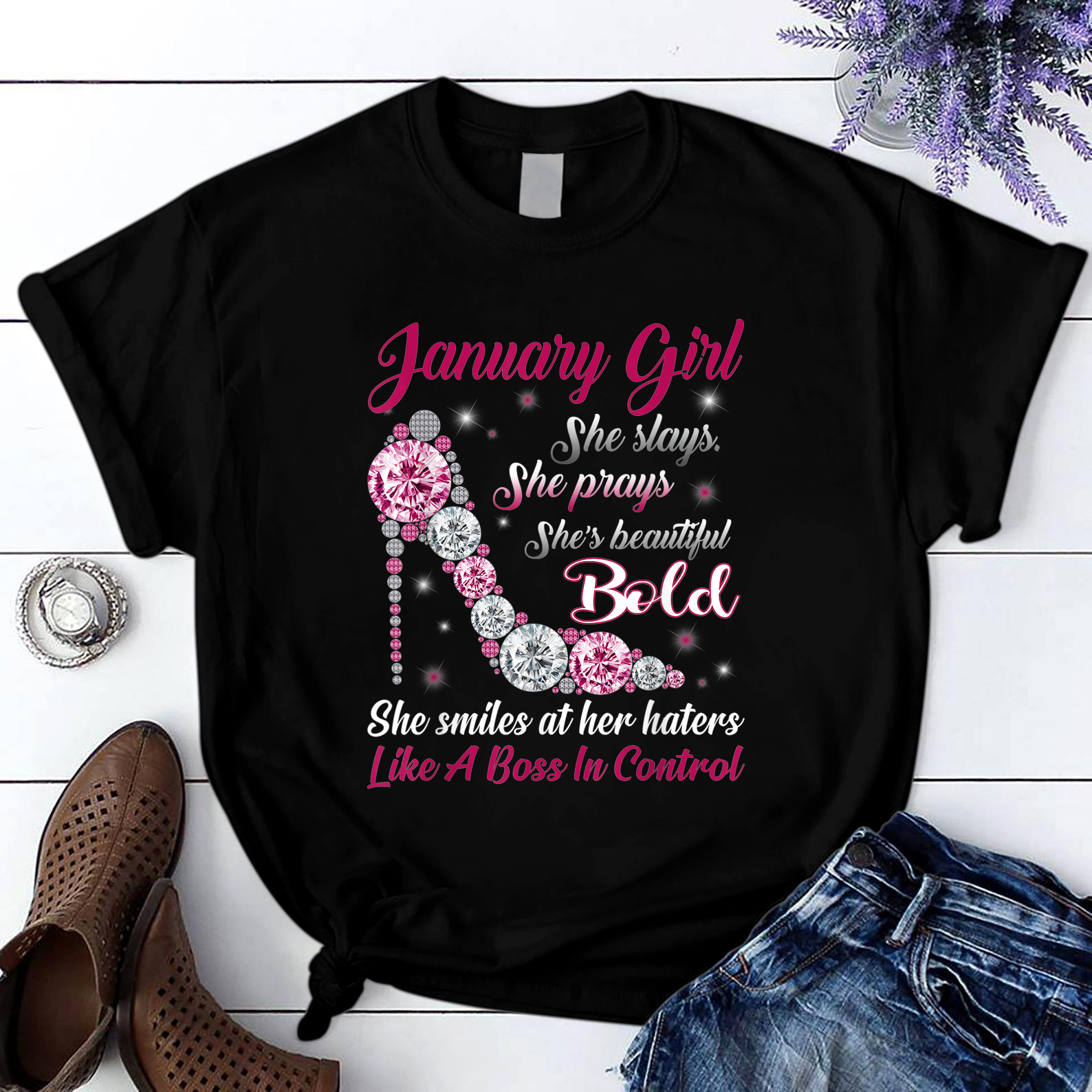 Born In January Girl T Shirt She Slay Pray Beautiful Bold T Shirt Black Unisex S-6XL