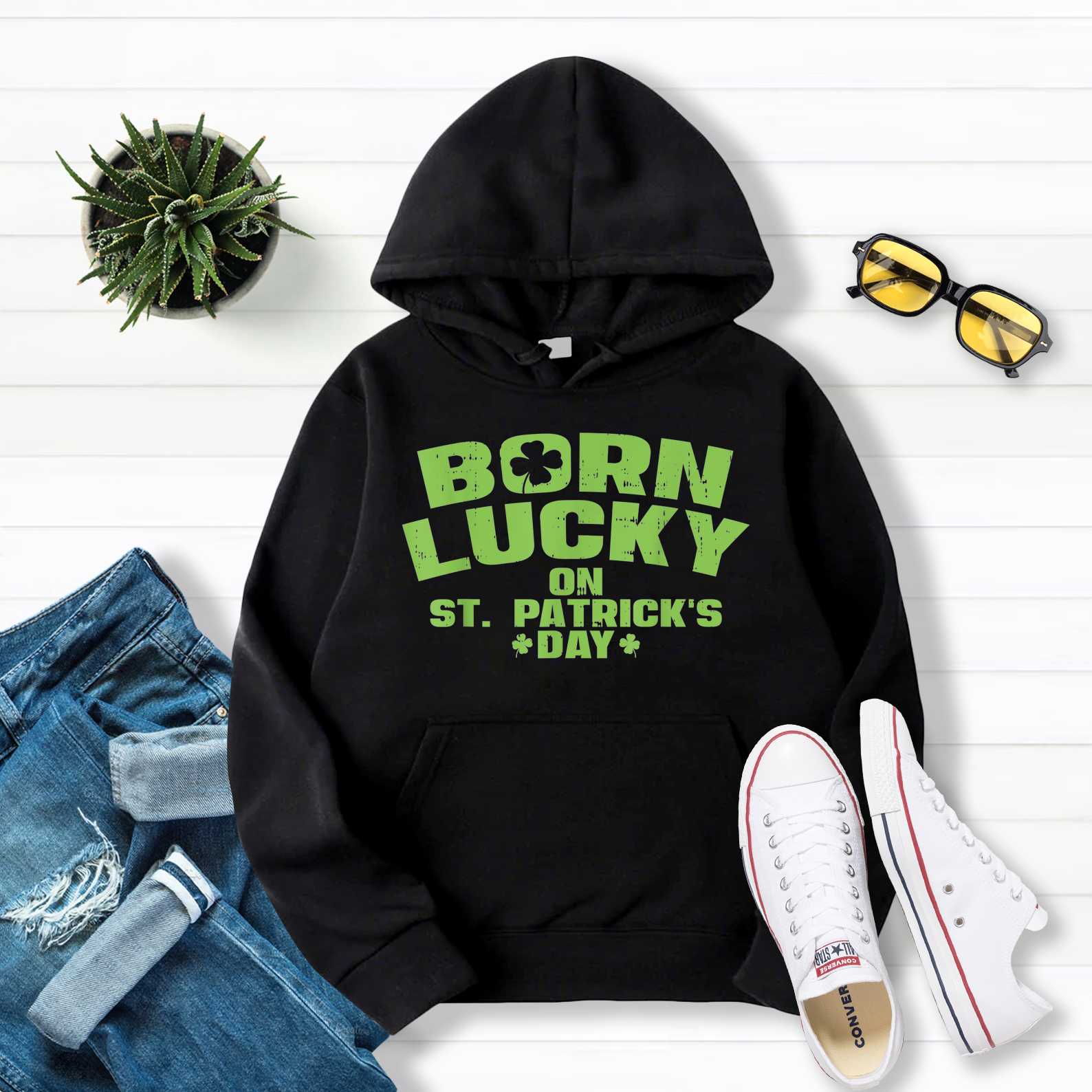 Born Lucky On St Patricks Day Birthday Boy Girl Pullover Hoodie Black S-5XL