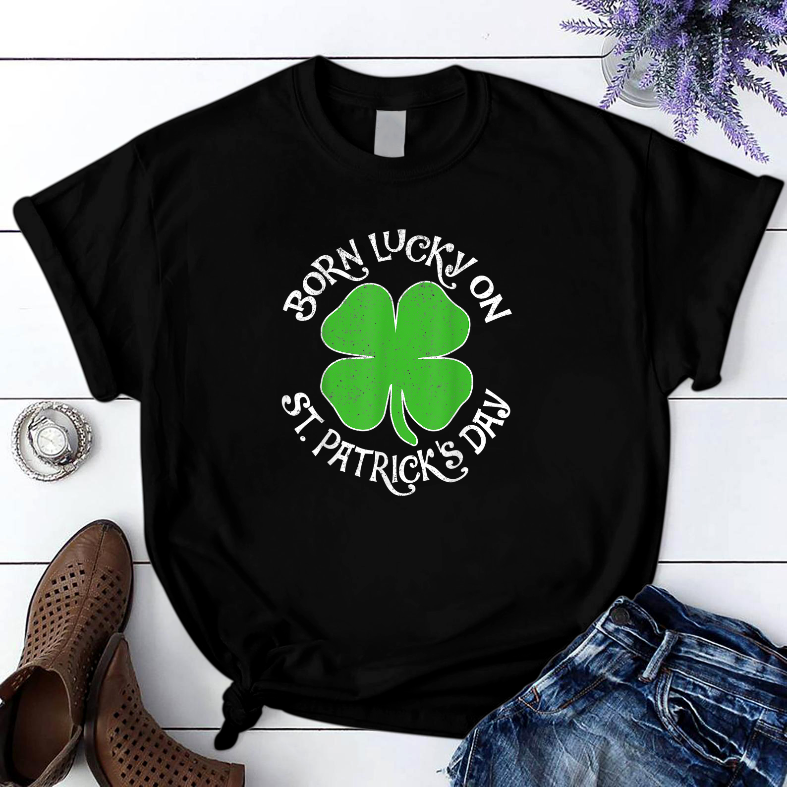 Born Lucky On St Patrick'S Day Shamrock Birthday T Shirt Black Unisex S-6Xl